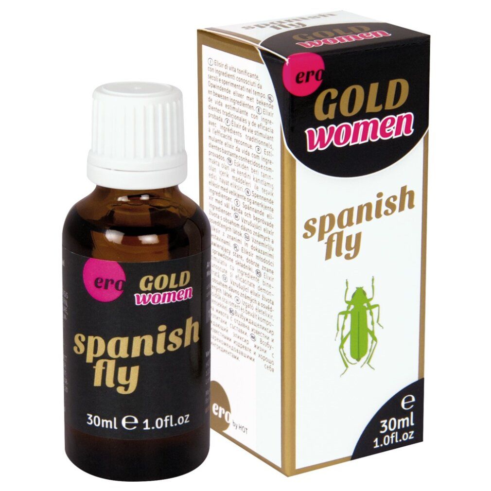 Bruine glazen fles met witte dop en zwart etiket, naast een kartonnen doos. Beide tonen 'Spanish Fly' en 'Gold Women'.