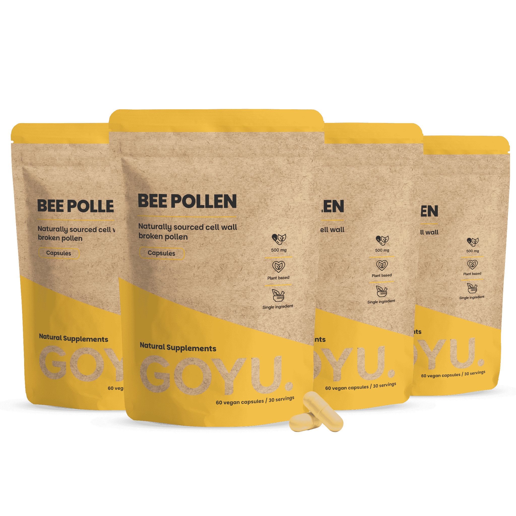 Vier verpakkingen GOYU bijenpollen capsules, natuurlijk gewonnen, celwand gebroken, vegan.