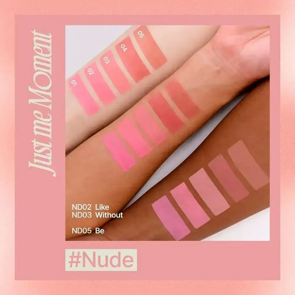 Armen met make-up swatches in verschillende roze tinten. Tekst: ND02 Like, ND03 Without, ND05 Be. Hashtag: #Nude.