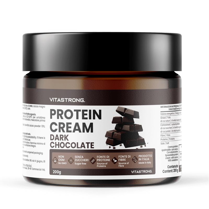 Verpakking van donkere chocolade proteïnecrème. Opschrift: Vitastrong Protein Cream Dark Chocolate. 200g. Met voedingswaarde en barcode.