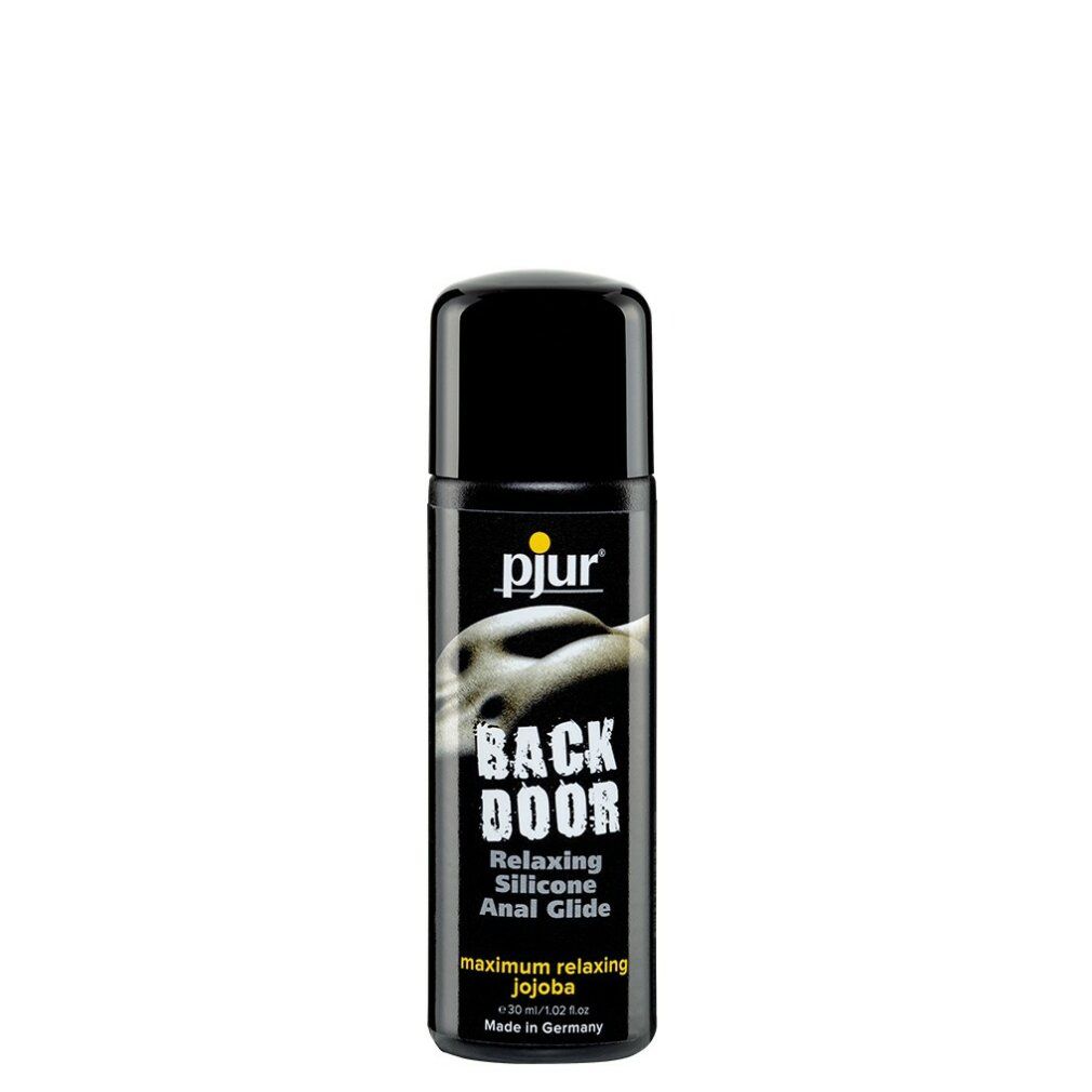 Zwarte fles met zwarte dop. Opschrift: pjur, BACK DOOR, Relaxing Anal Glide. Met Jojoba. Gemaakt in Duitsland.