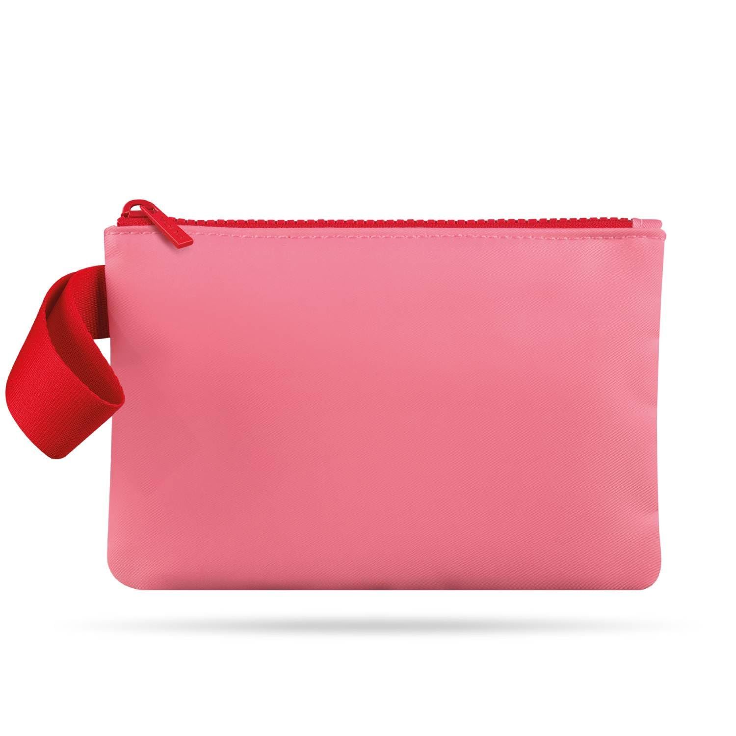 Pochette Pupa rose avec fermeture éclair et ruban rouges.