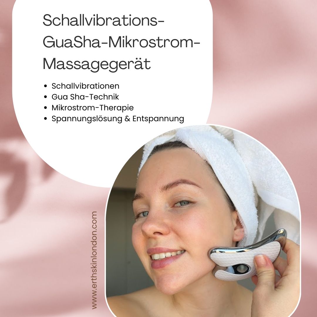 Femme avec une serviette, tenant un appareil de massage Gua Sha. Texte: Schallvibrations-GuaSha-Mikrostrom-Massagegerät. www.erthskinlondon.com.