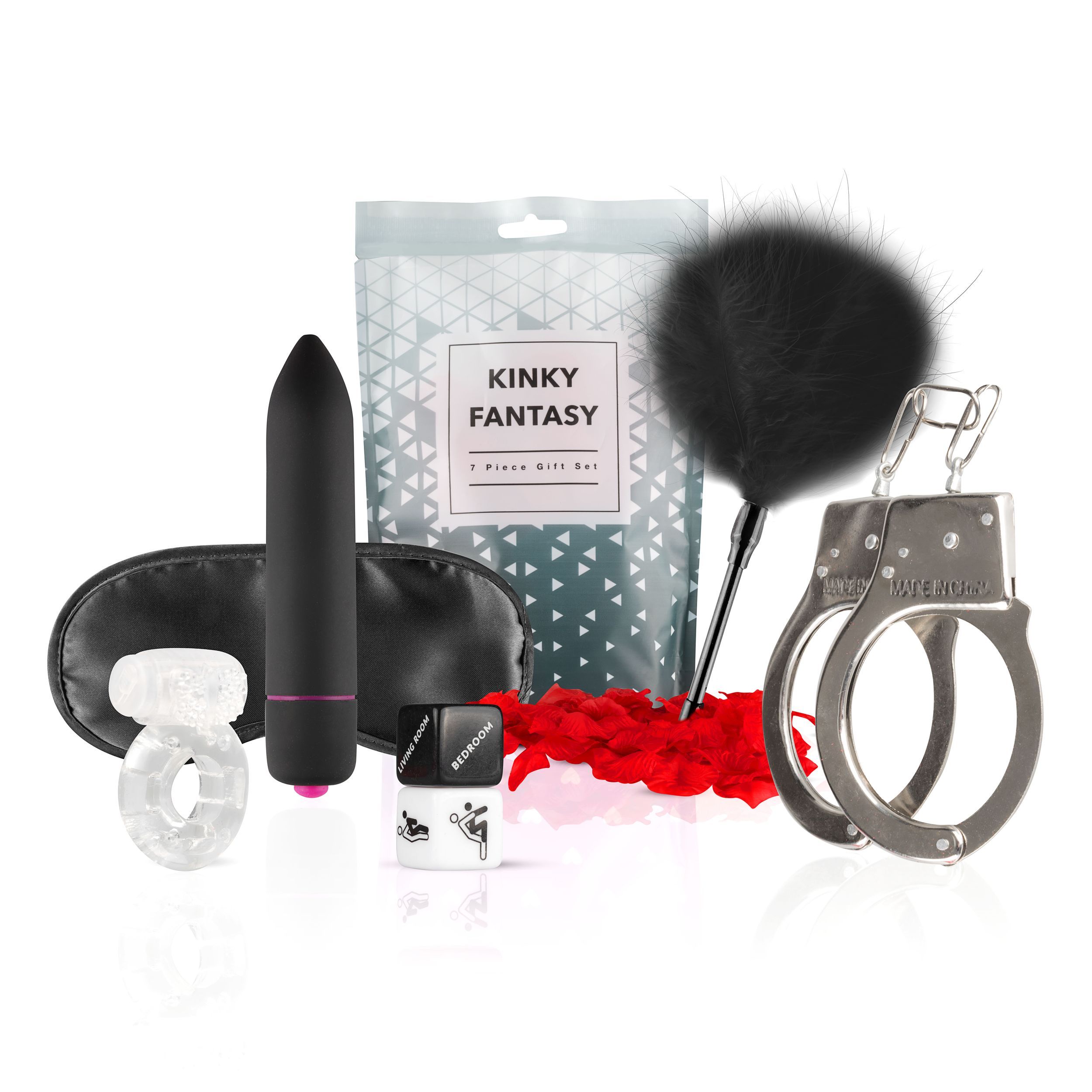 Ensemble avec masque pour les yeux, vibromasseur, menottes, plumeau, anneau et sachet "Kinky Fantasy".
