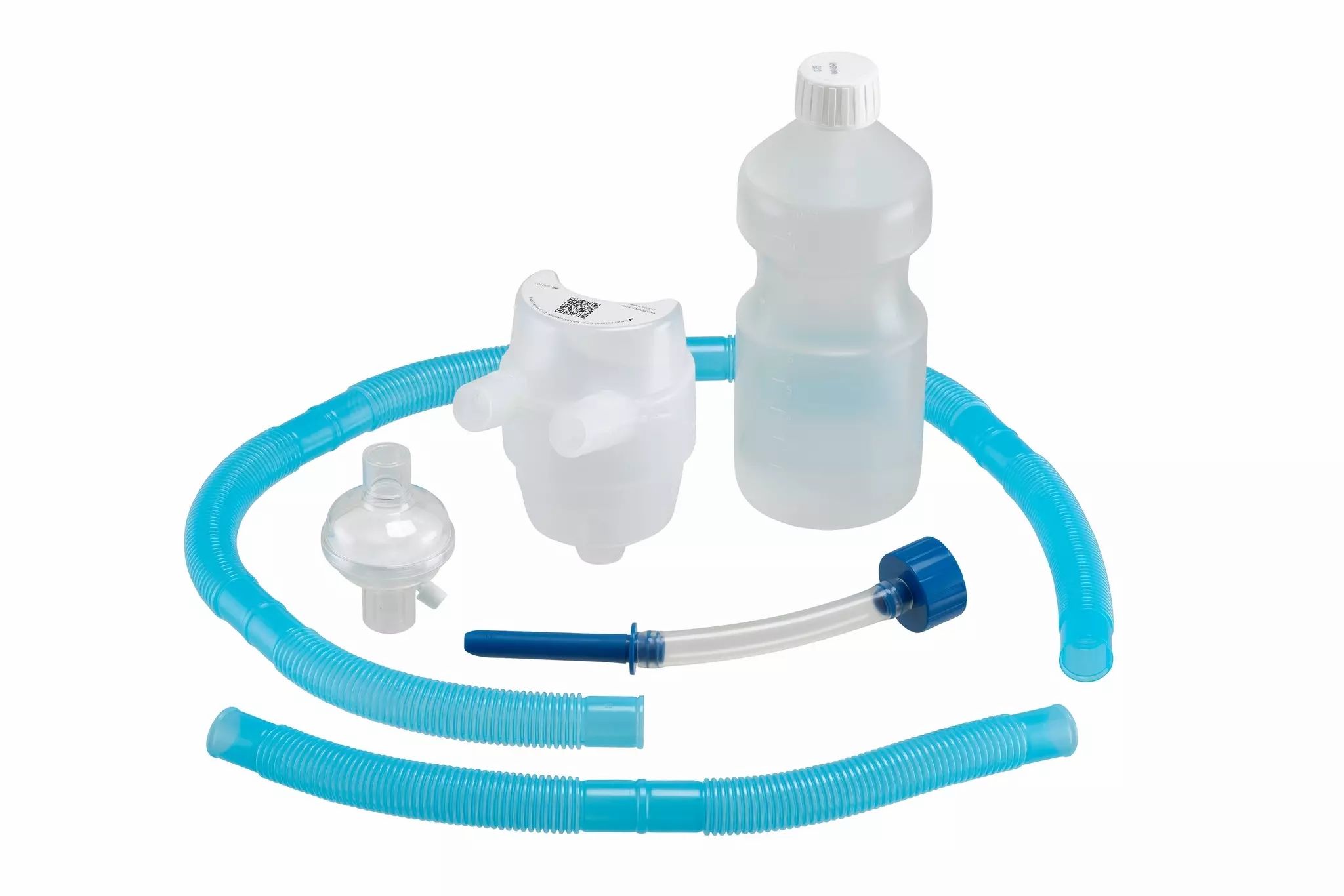 Medische slangkit met filter, reservoir en blauwe gegolfde slang.
