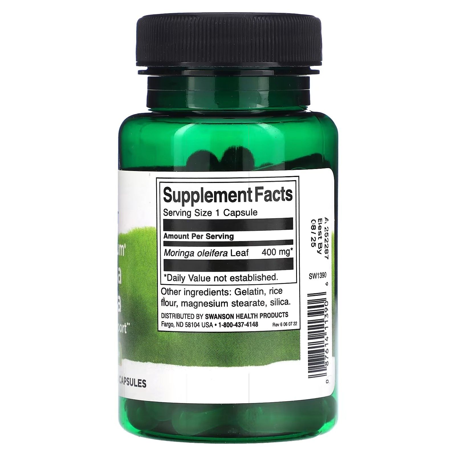 Dos du flacon vert de Swanson Moringa Oleifera. Étiquette avec informations nutritionnelles et ingrédients.