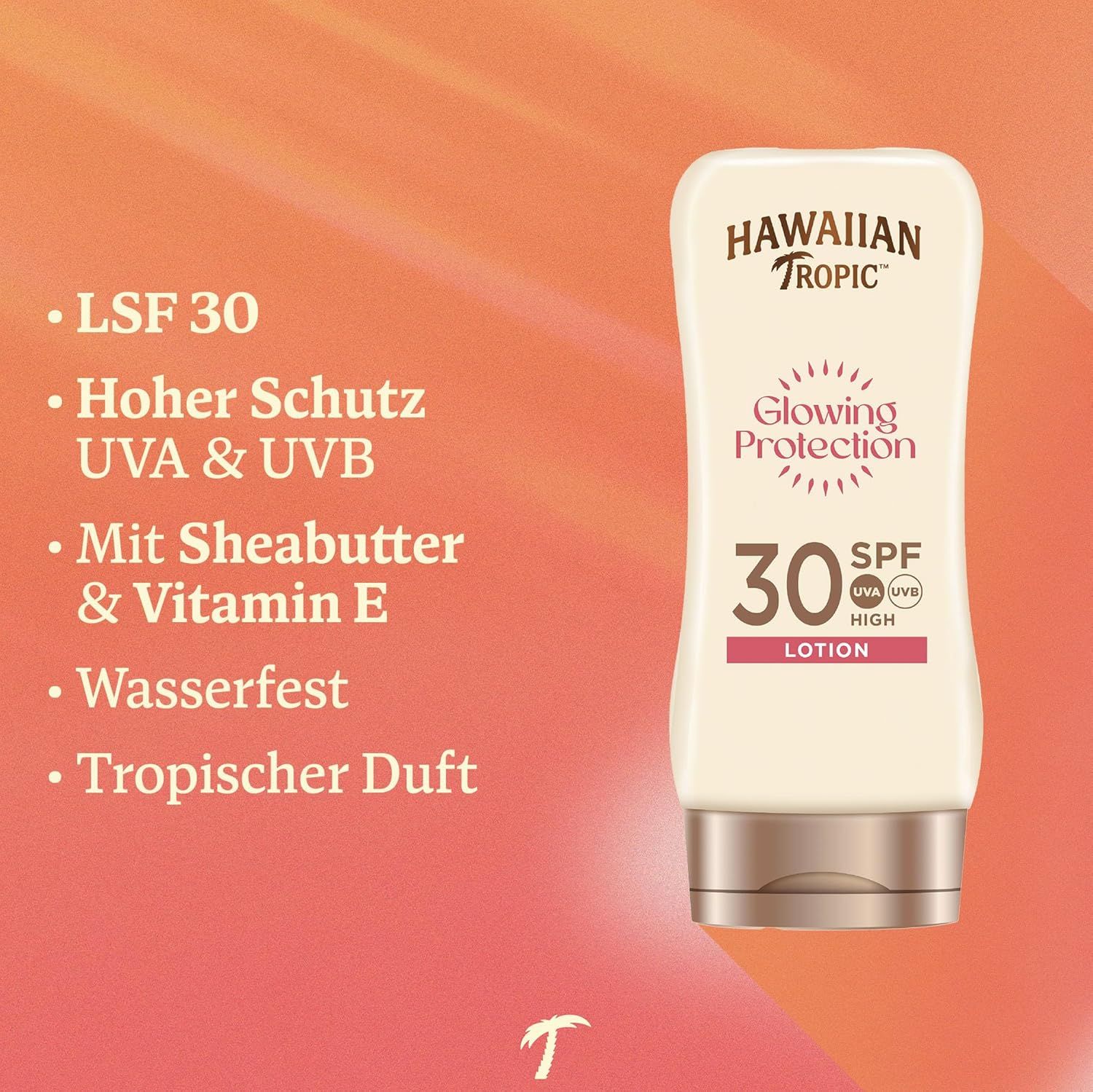 Lotion solaire SPF 30. Marque: Hawaiian Tropic. Inscription: Glowing Protection, Lotion. Texte: Haute protection UVA & UVB.