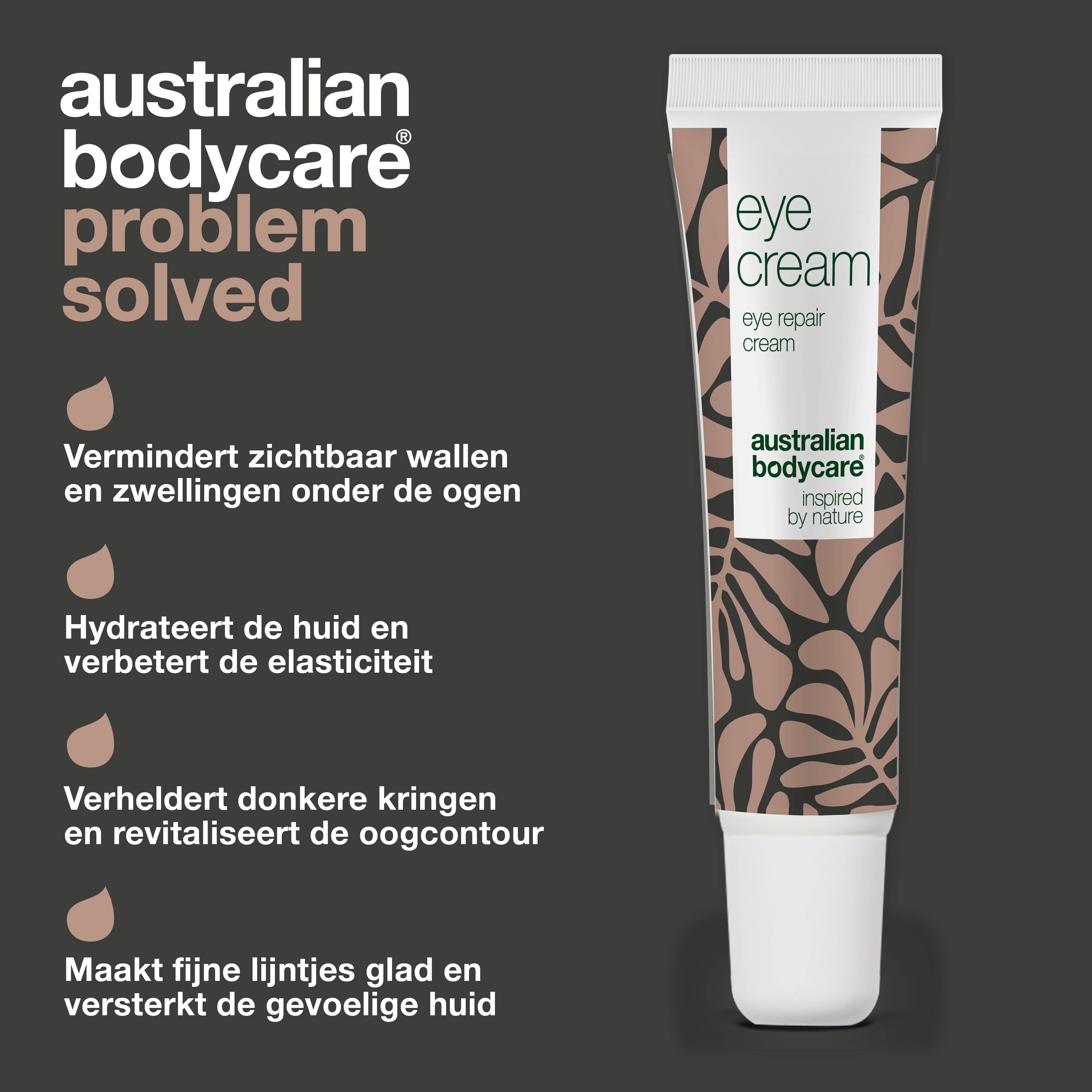Advertentie: Australian Bodycare. Tube oogcrème. Tekst: Vermindert wallen, hydrateert, verheldert, verzacht.