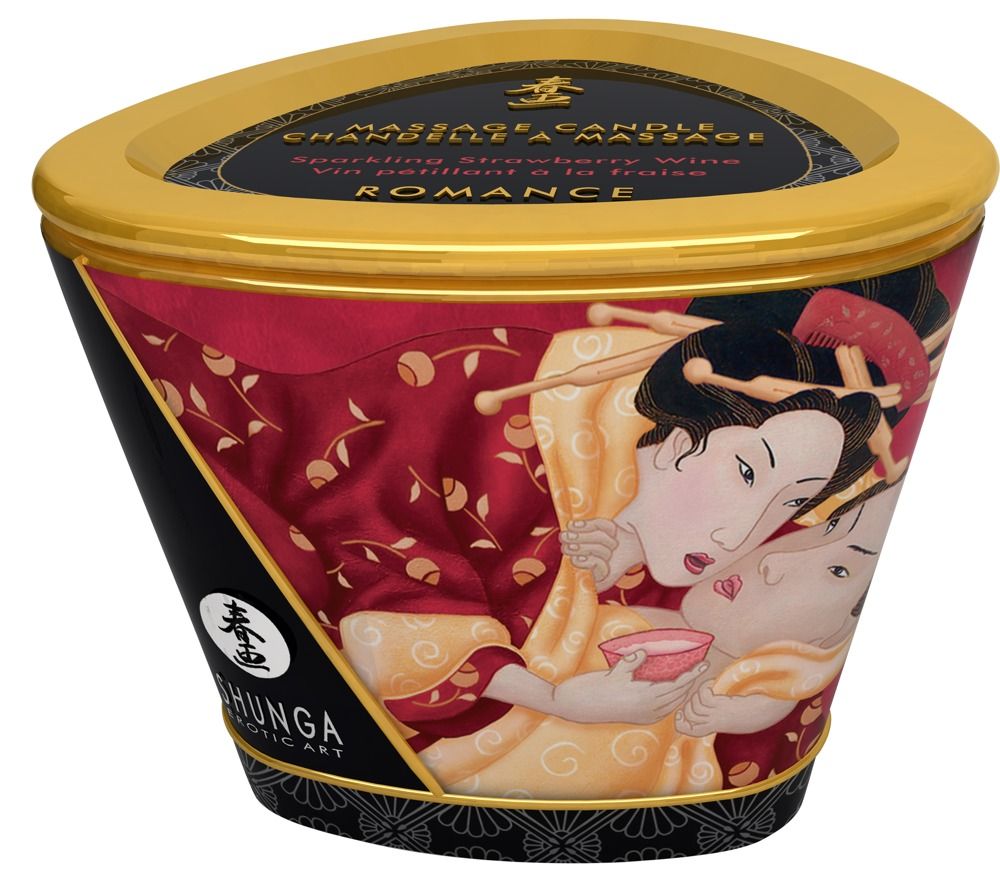 Massagekaars met Japanse kunstdecoratie, rode rand en gouden dop.