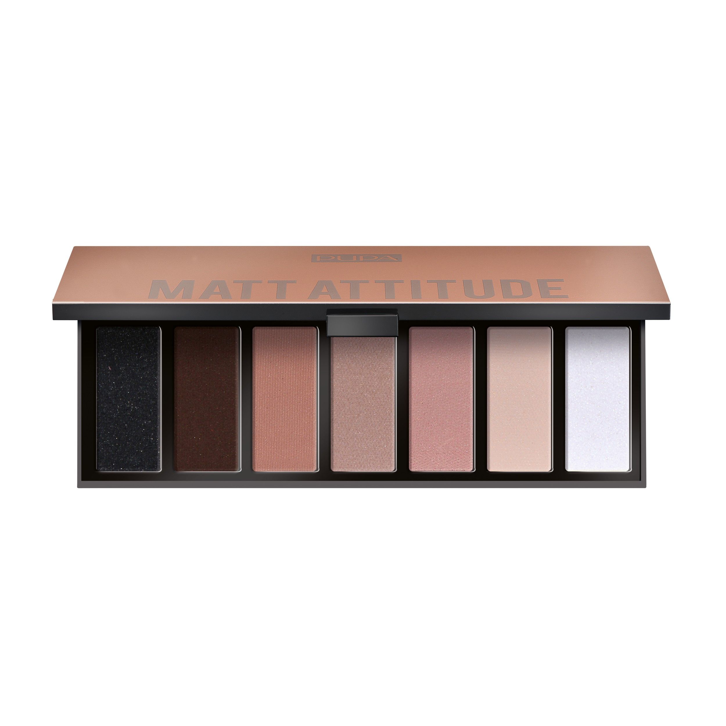 Oogschaduwpalette met zeven matte en glinsterende tinten in een rechthoekige verpakking.