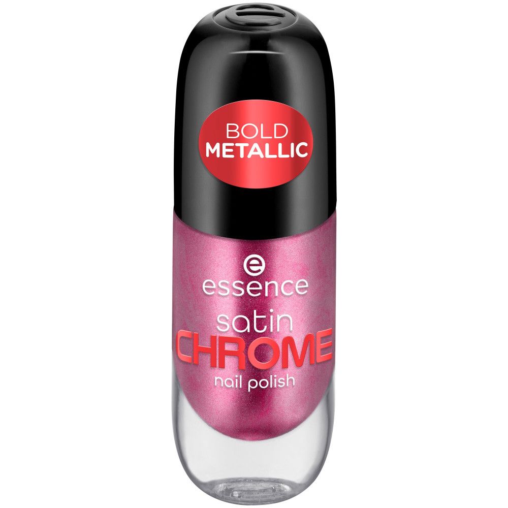 Flacon de vernis à ongles rose. Bouchon noir avec autocollant rouge "BOLD METALLIC". Inscription "essence satin chrome nail polish".