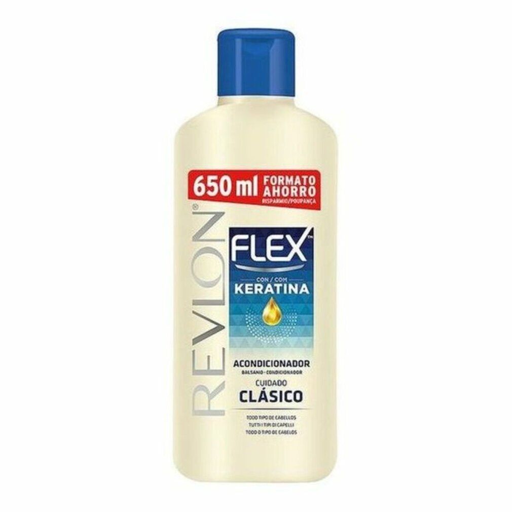 Flacon beige à bouchon bleu. Inscriptions: Revlon, Flex Keratin, Acondicionador, Cuidado Clásico. 650 ml.