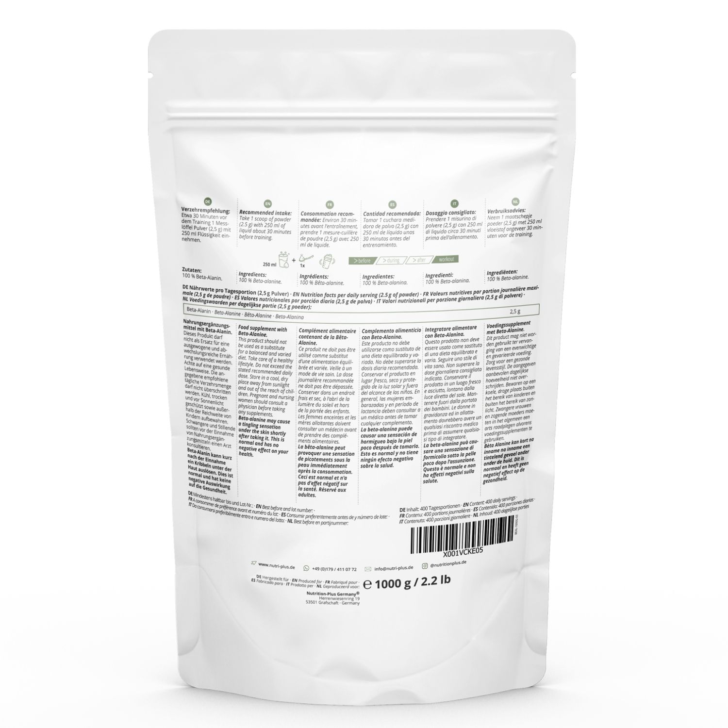 Emballage blanc avec texte. Informations au dos en plusieurs langues. Contient 1000 g/2,2 lb.