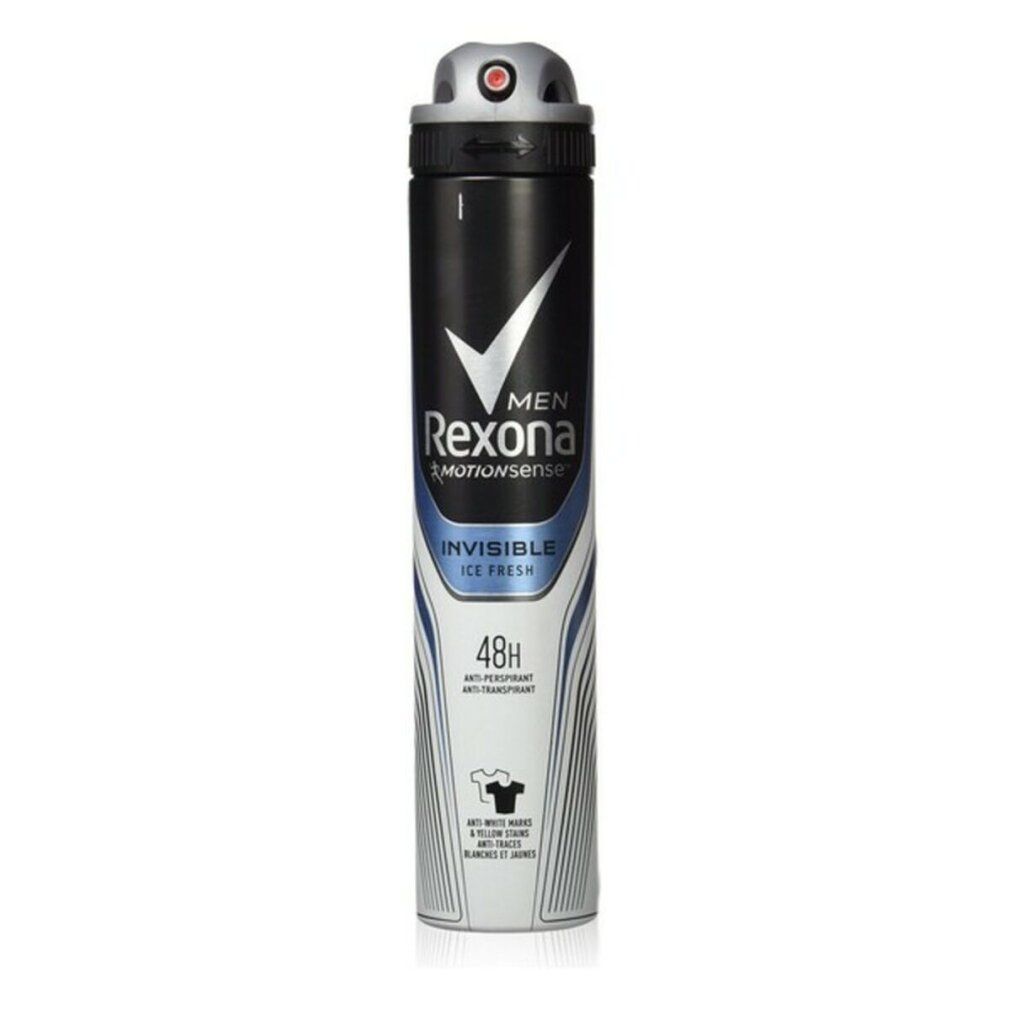 Rexona Invisible Ice Fresh deodorant voor mannen. Zwart, wit en blauwe spuitbus. 48u anti-transpirant. Logo en productnaam zichtbaar.