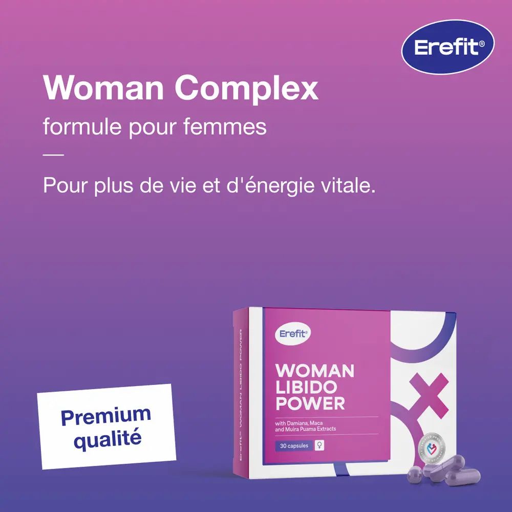 Boîte Woman Libido Power avec gélules. Inscription: Woman Complex, formule pour femmes. Qualité Premium.