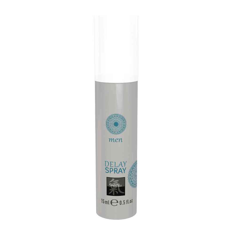 Flacon pulvérisateur gris avec bouchon blanc. Inscription: men, Delay Spray, Shiatsu. Volume: 15 ml / 0.5 fl.oz.