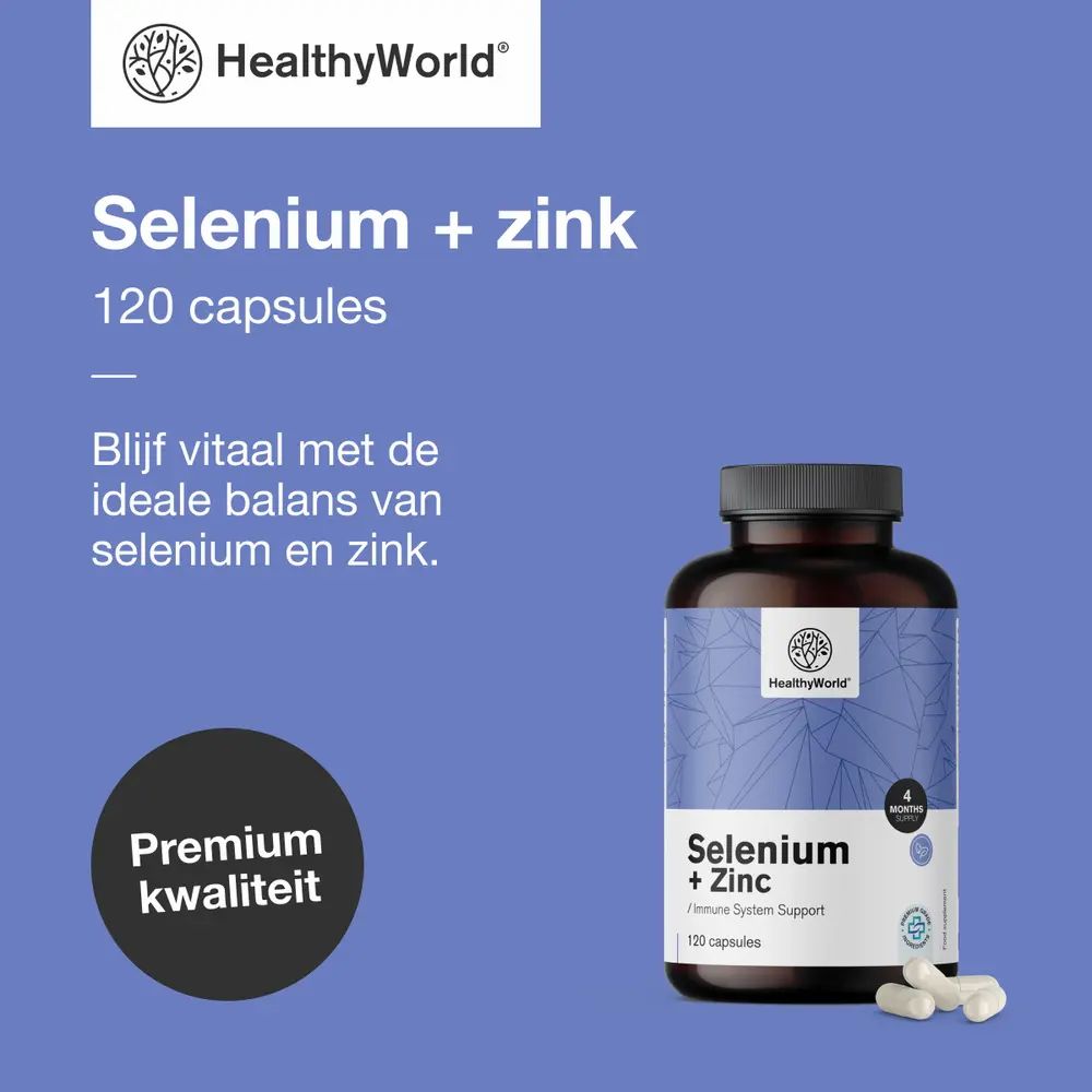 HealthyWorld-product: Selenium + zink, 120 capsules. Tekst: Premium kwaliteit. Bruine fles.