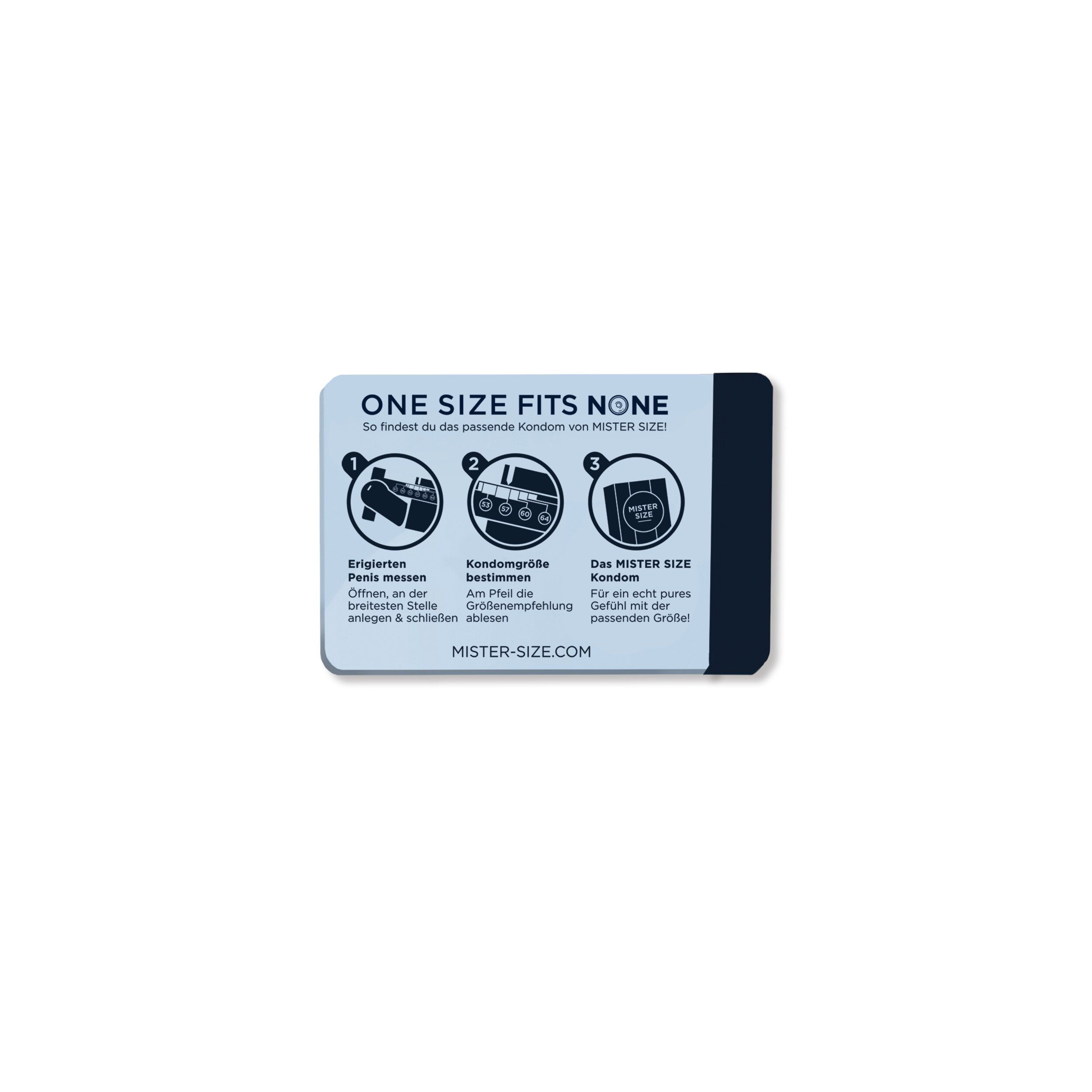 Règle Mister Size. Rectangle avec illustrations et texte. Texte noir: ONE SIZE FITS NONE, Mister-size.com.