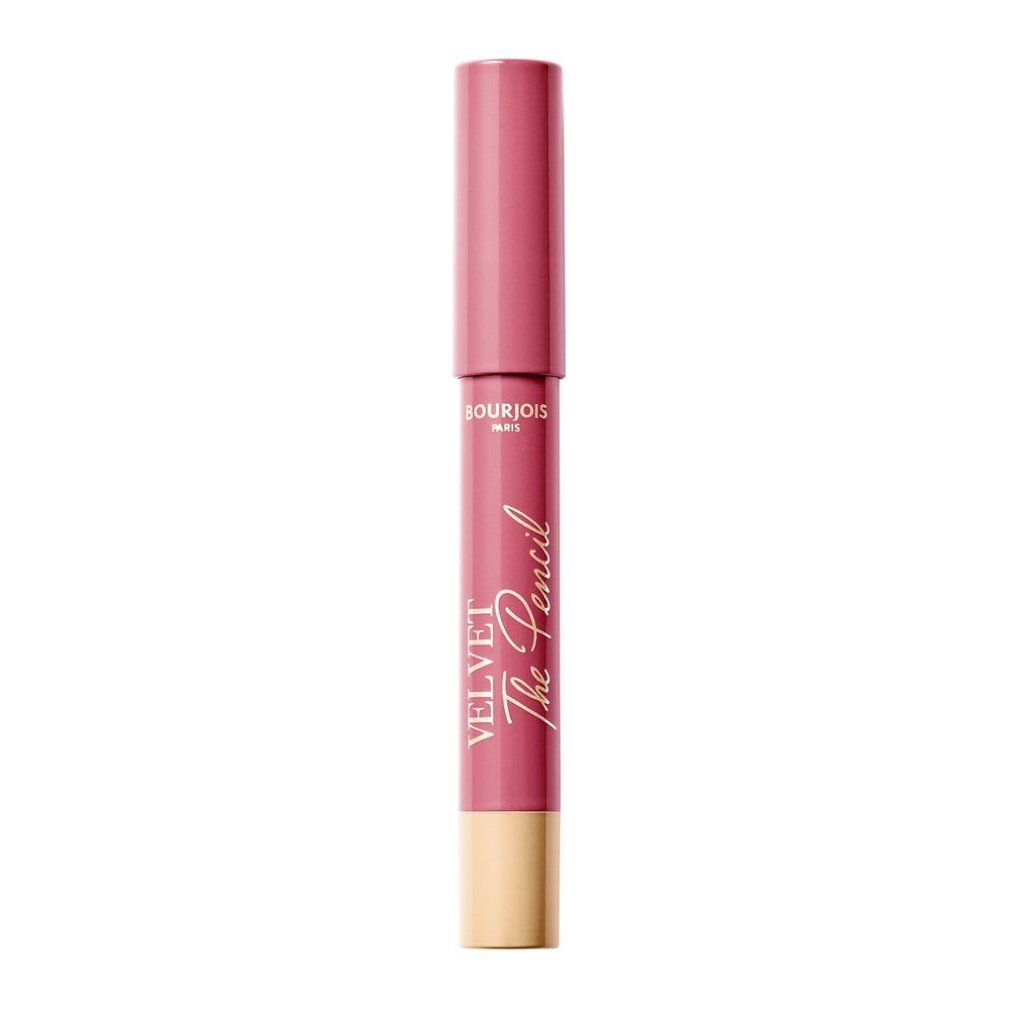 Roze lippenpotlood met gouden basis en dop. Opschrift: Velvet The Pencil.