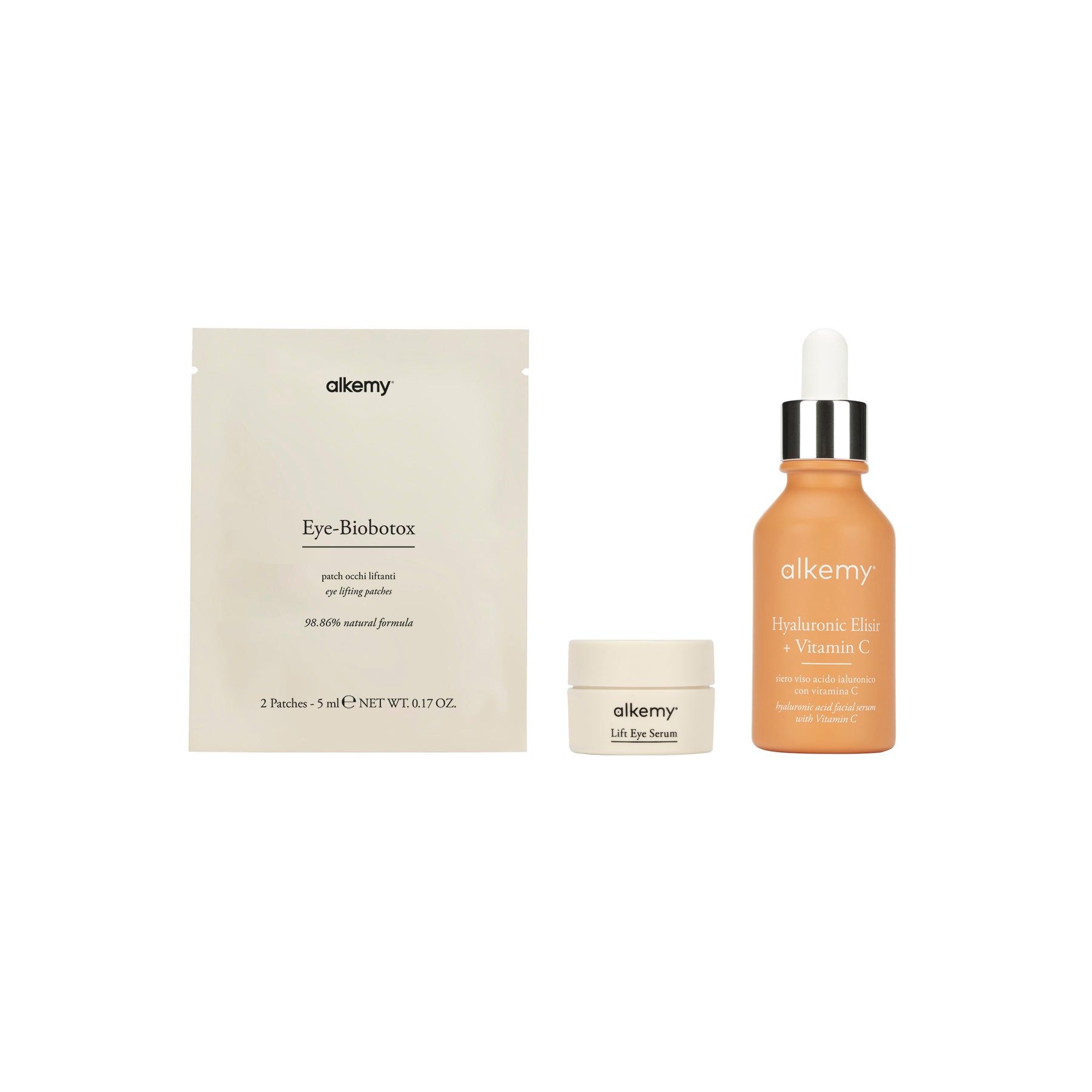 Soins de la peau Alkemy : sachet de masque pour les yeux, crème pour les yeux et élixir à l'acide hyaluronique et à la vitamine C.