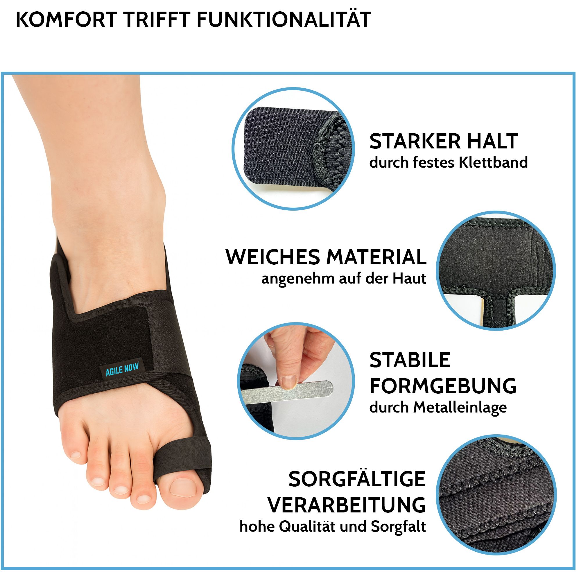 Attelle Hallux Valgus noire. Fermeture velcro, matériau doux, insert métallique. Texte: AGILE NOW.