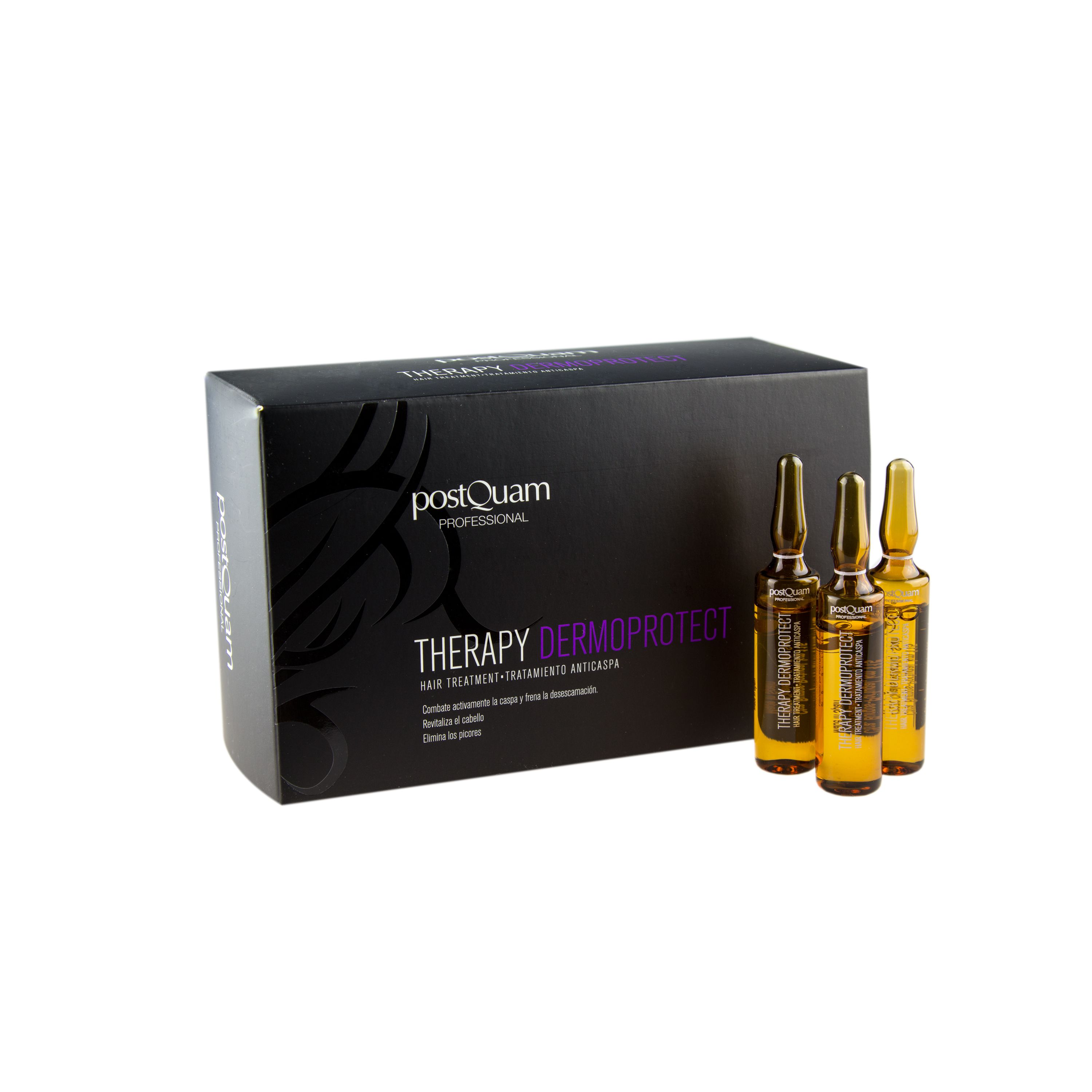 Boîte noire avec ampoules. Texte: THERAPY DERMOPROTECT. Marque: PostQuam Professional. Trois ampoules visibles.