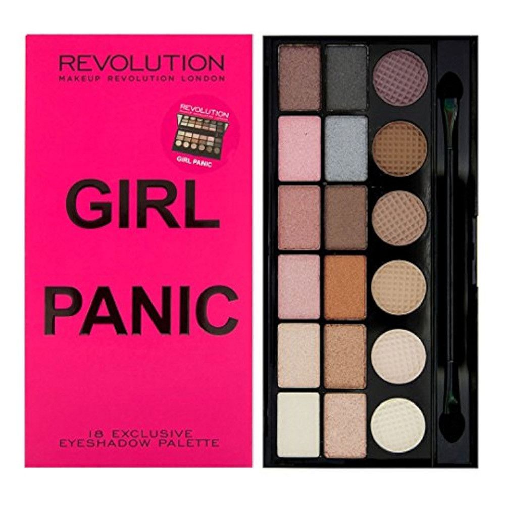 Palette de fards à paupières Girl Panic de Makeup Revolution. Emballage rose avec image du produit. 18 couleurs exclusives.