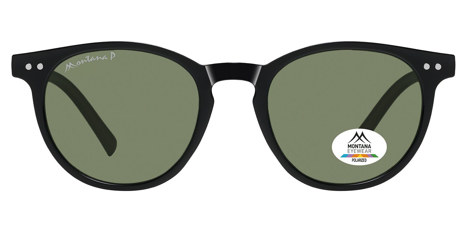 Lunettes de soleil rondes, monture noire, verres verts. Logo Montana Eyewear sur le verre. Verres polarisés.