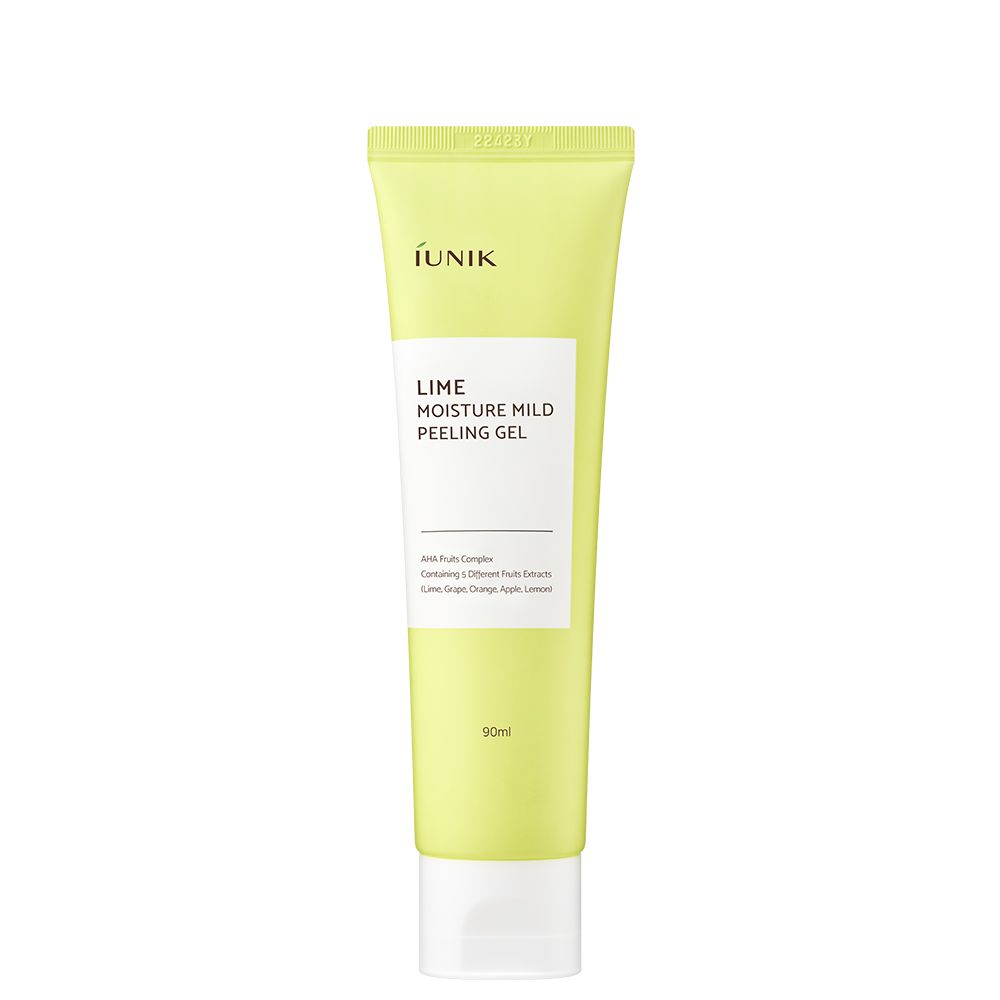 Lichtgroene tube met witte dop. Bevat IUNIK Lime Moisture Mild Peeling Gel.