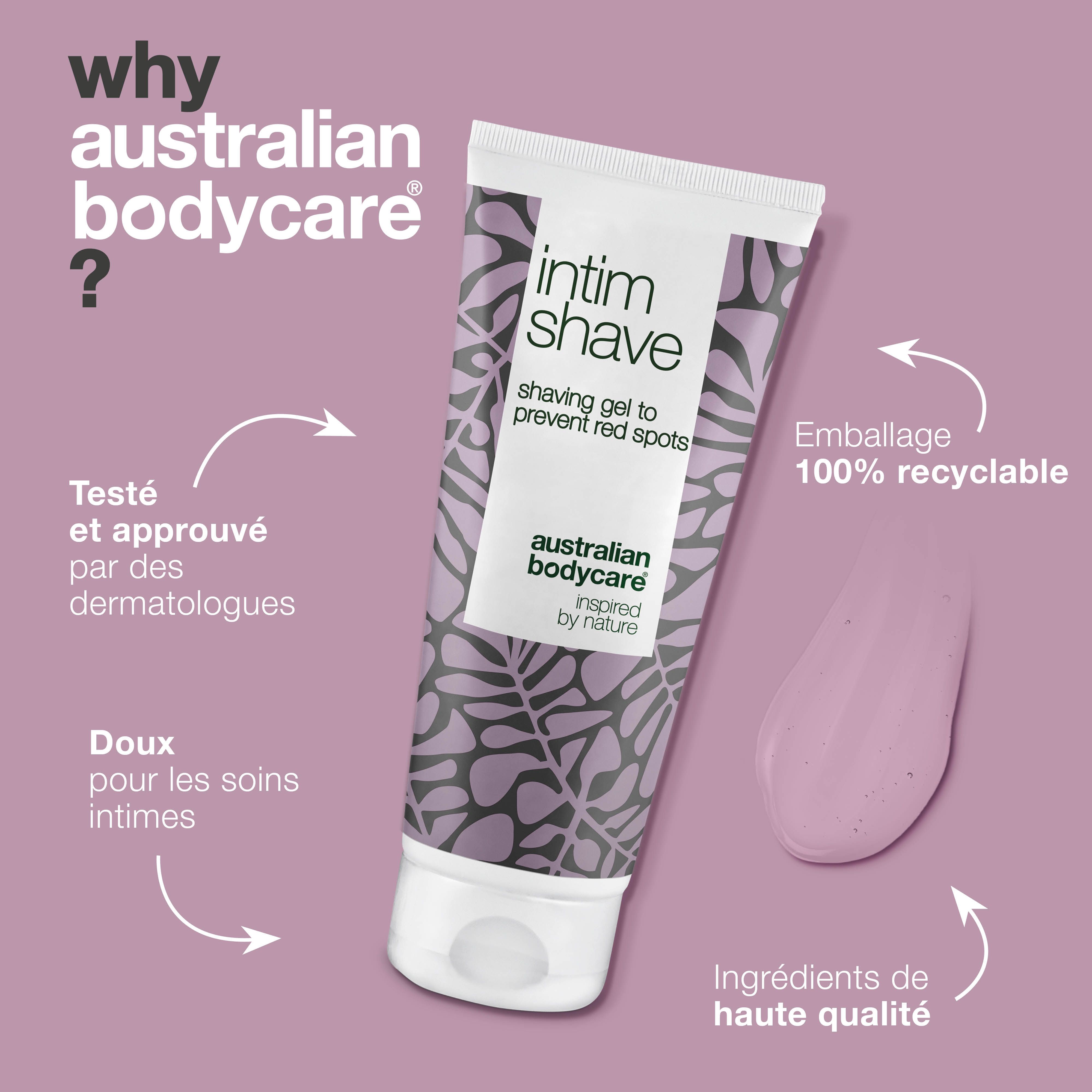 Gel à raser Intim Shave, texte: Australian Bodycare, pourquoi? Texte et flèches. Tache rose.