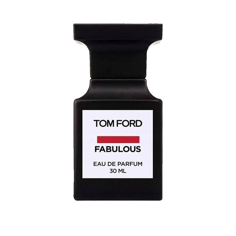 Zwarte flacon met wit etiket. Rode streep en opschrift FABULOUS. Eau de Parfum 30 ml.