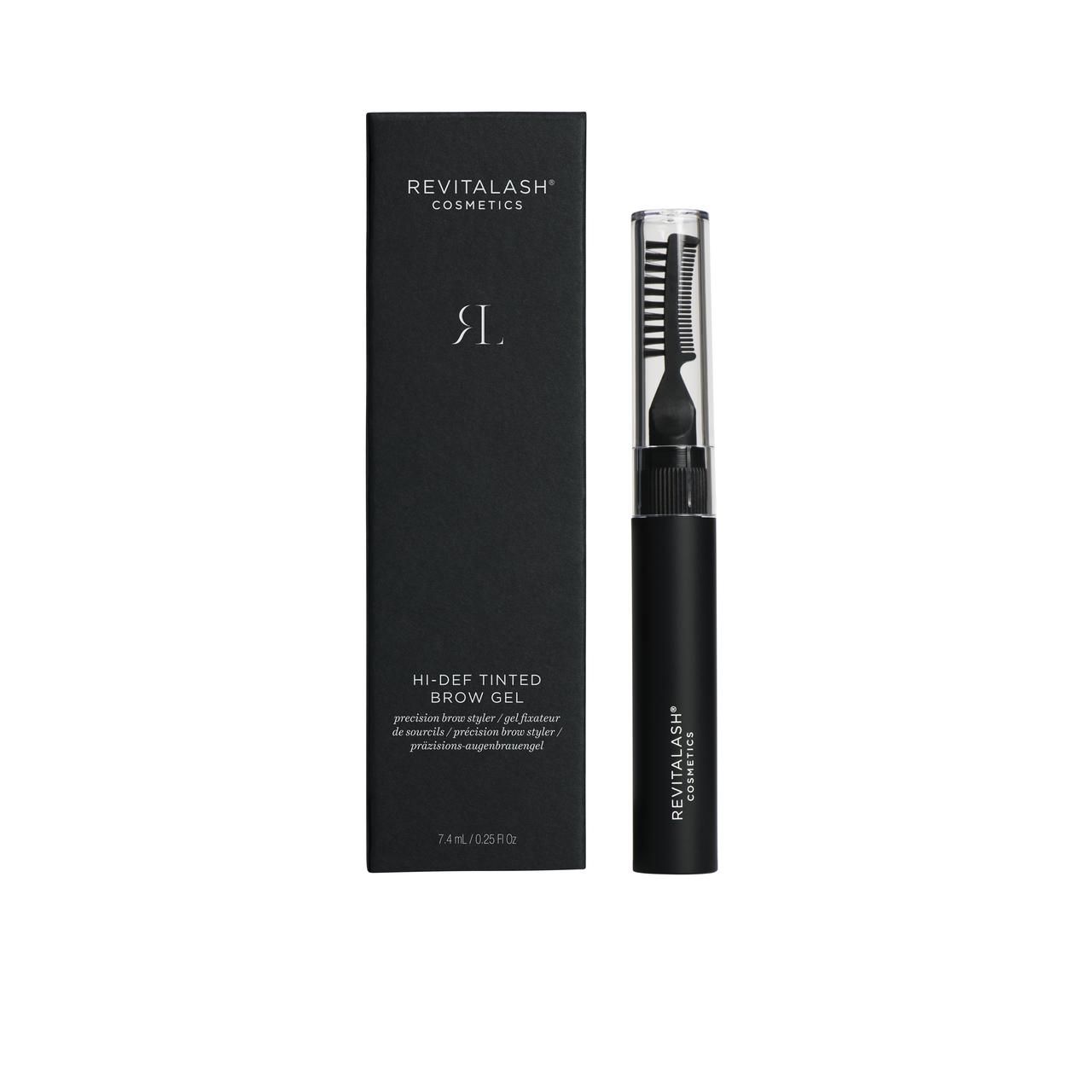 Zwarte verpakking met product en borstel. RevitaLash Cosmetics, Hi-Def Tinted Brow Gel. 7,4 ml/0,25 fl oz.