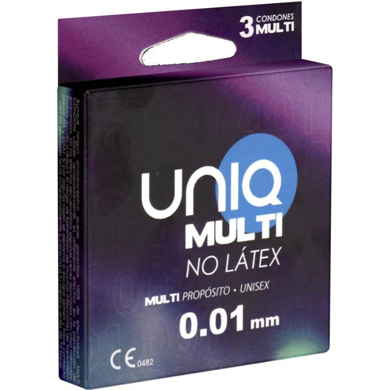 Verpakking "UNIQ Multi" met 3 condooms. Tekst: "No Látex" en "0.01 mm". CE-markering.