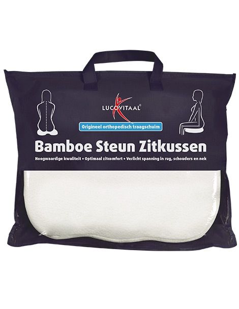 Wit orthopedisch zitkussen in verpakking. Opschrift: Bamboe Steun Zitkussen. Draaghendel. Logo Lucovitaal.