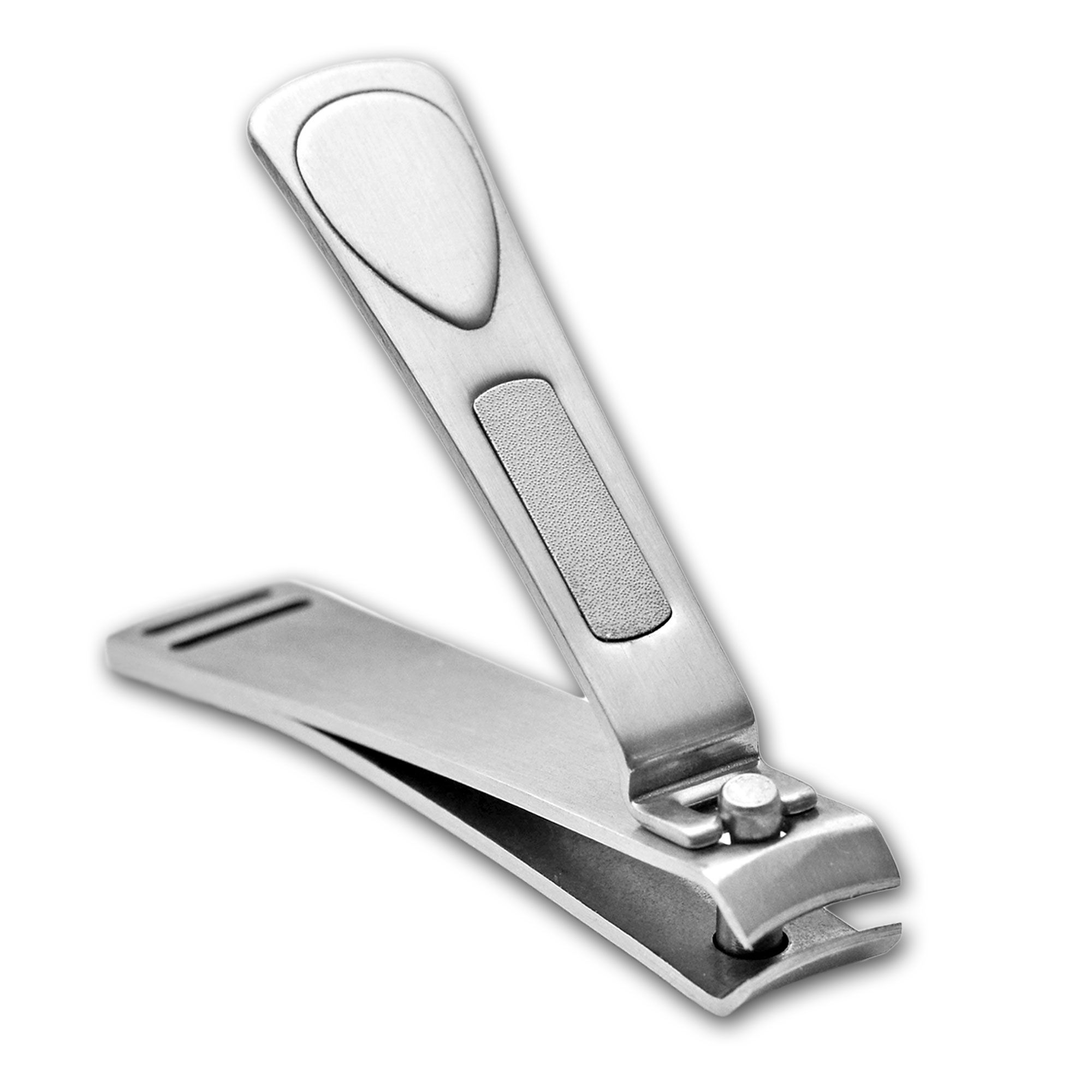 Roestvrijstalen nagelknipper. Zilverkleurig, met hendel en snijkant. Op witte achtergrond.
