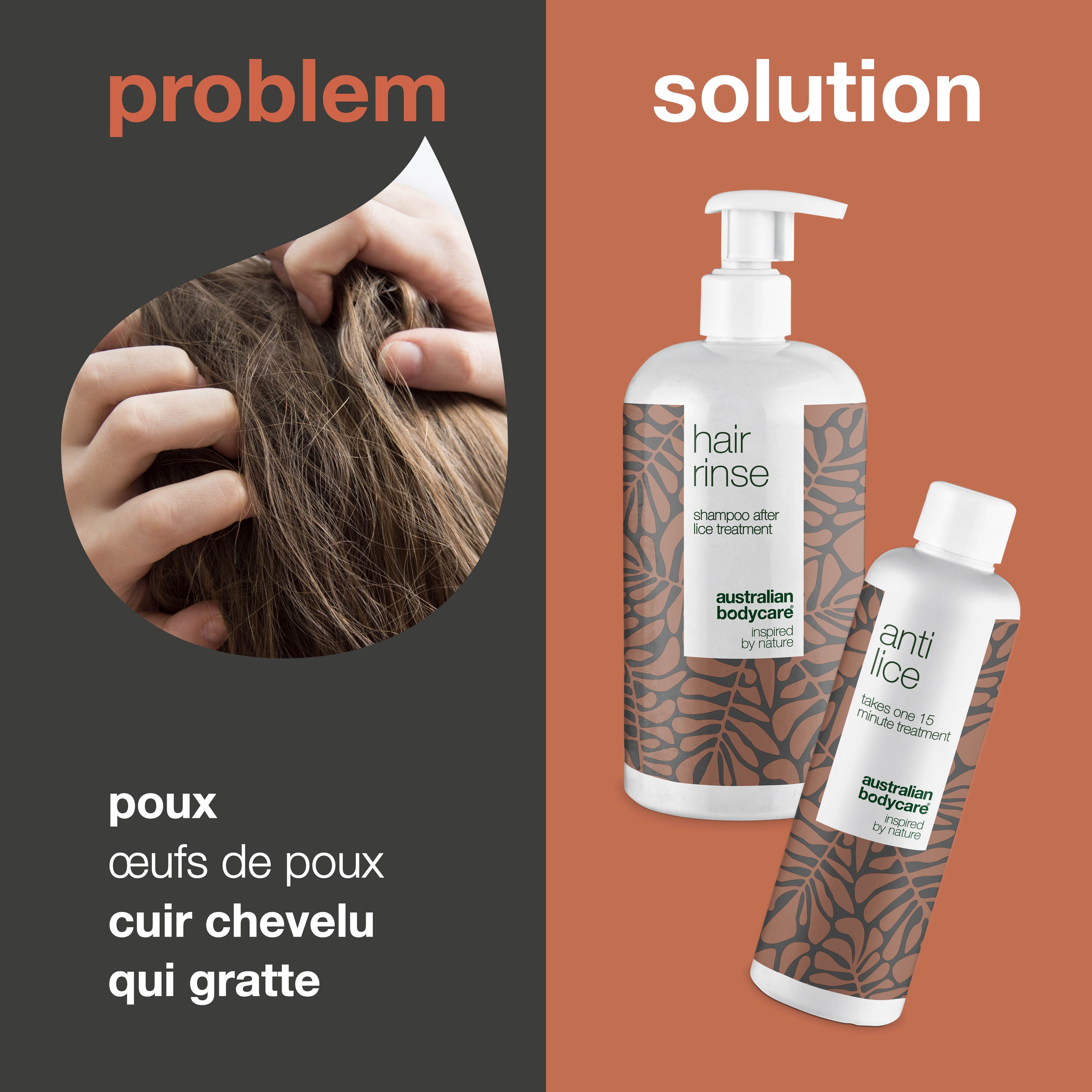 Cheveux avec poux et flacons de shampooing. « Hair rinse » et « anti lice ». Marque : Australian Bodycare.