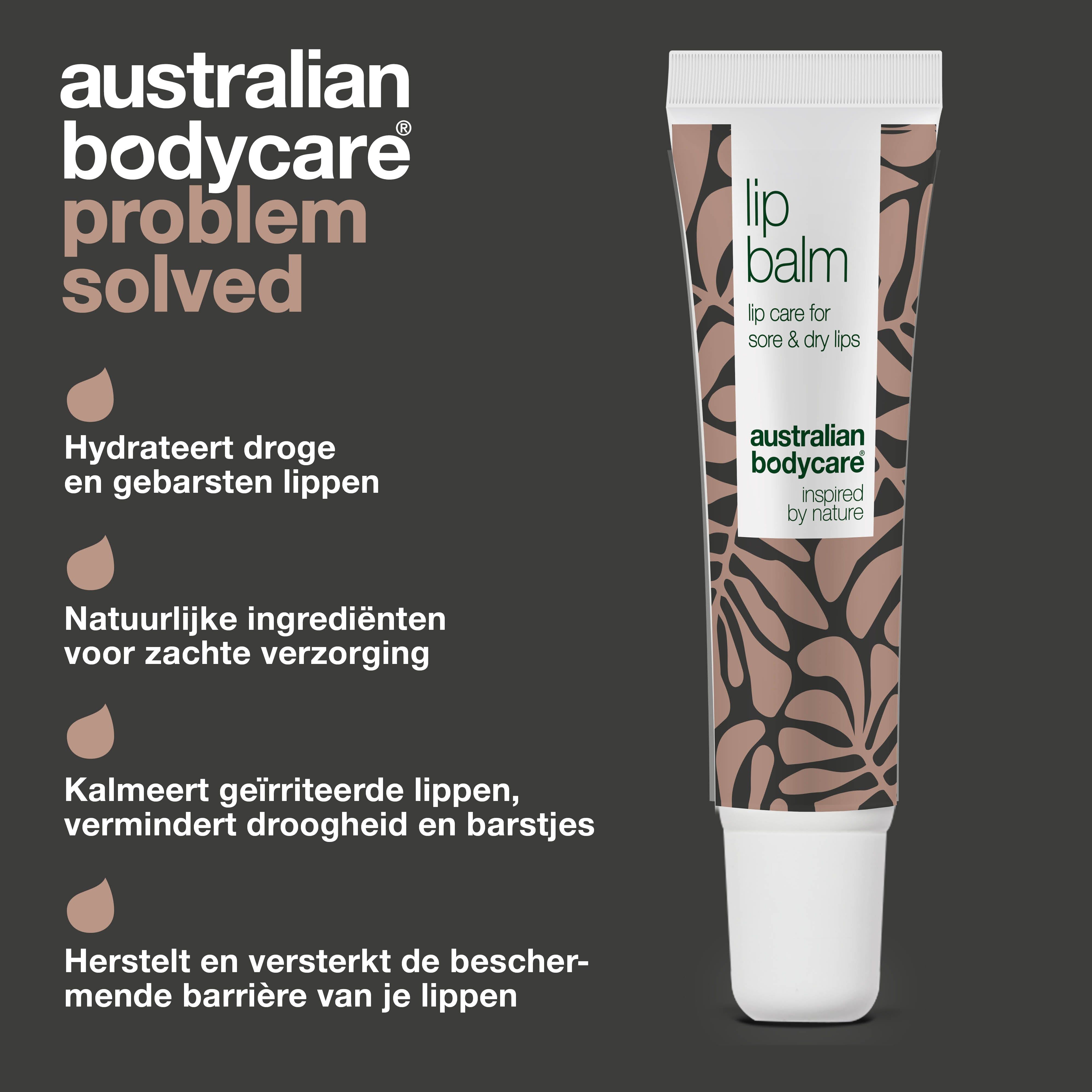 Lippenverzorgingsproduct. Tekst: Lip Balm, australian bodycare. Voordelen: hydrateert, natuurlijke ingrediënten.