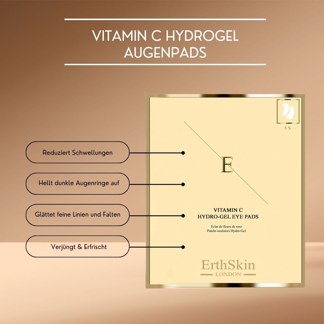 Emballage de coussinets pour les yeux. Inscription : Vitamin C Hydro-Gel Eye Pads. Marque : ErthSkin London. Texte : Réduit les gonflements, éclaircit les cernes, lisse les ridules et les rides, rajeunit et rafraîchit.