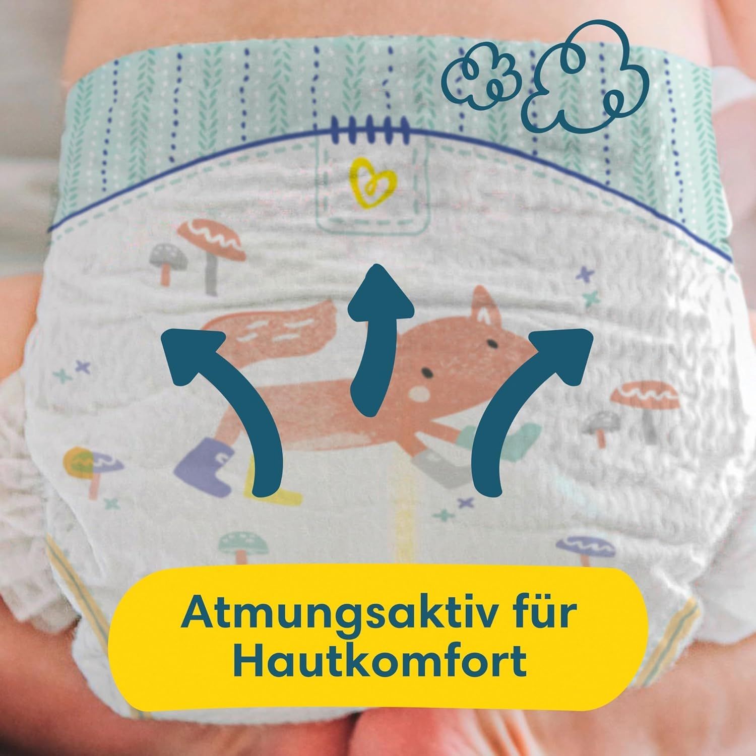Couche Pampers avec matière respirante pour le confort de la peau. Flèches indiquent la circulation de l'air.
