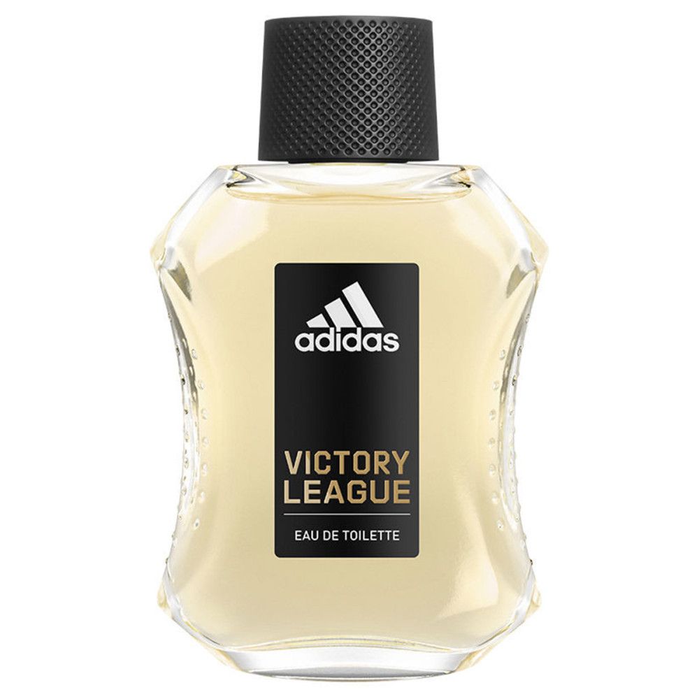 Flacon Adidas Victory League. Flacon transparent avec bouchon noir. Étiquette noire avec logo et texte blancs.