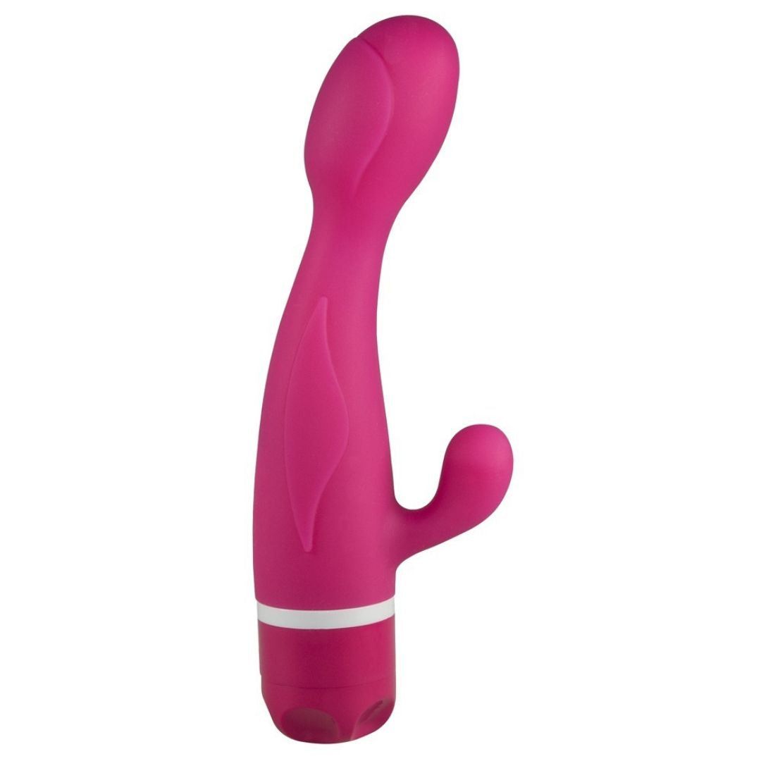 Vibrateur rose avec design incurvé. Tête en forme de feuille et tige courbée.