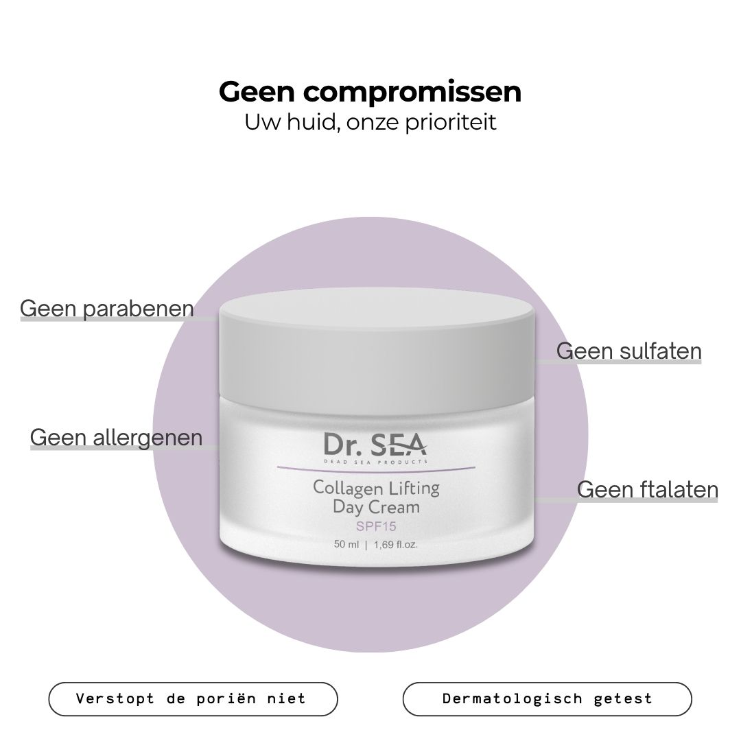 Crèmepot. Tekst: Geen compromissen. Zonder parabenen, sulfaten, allergenen, ftalaten. Dermatologisch getest.