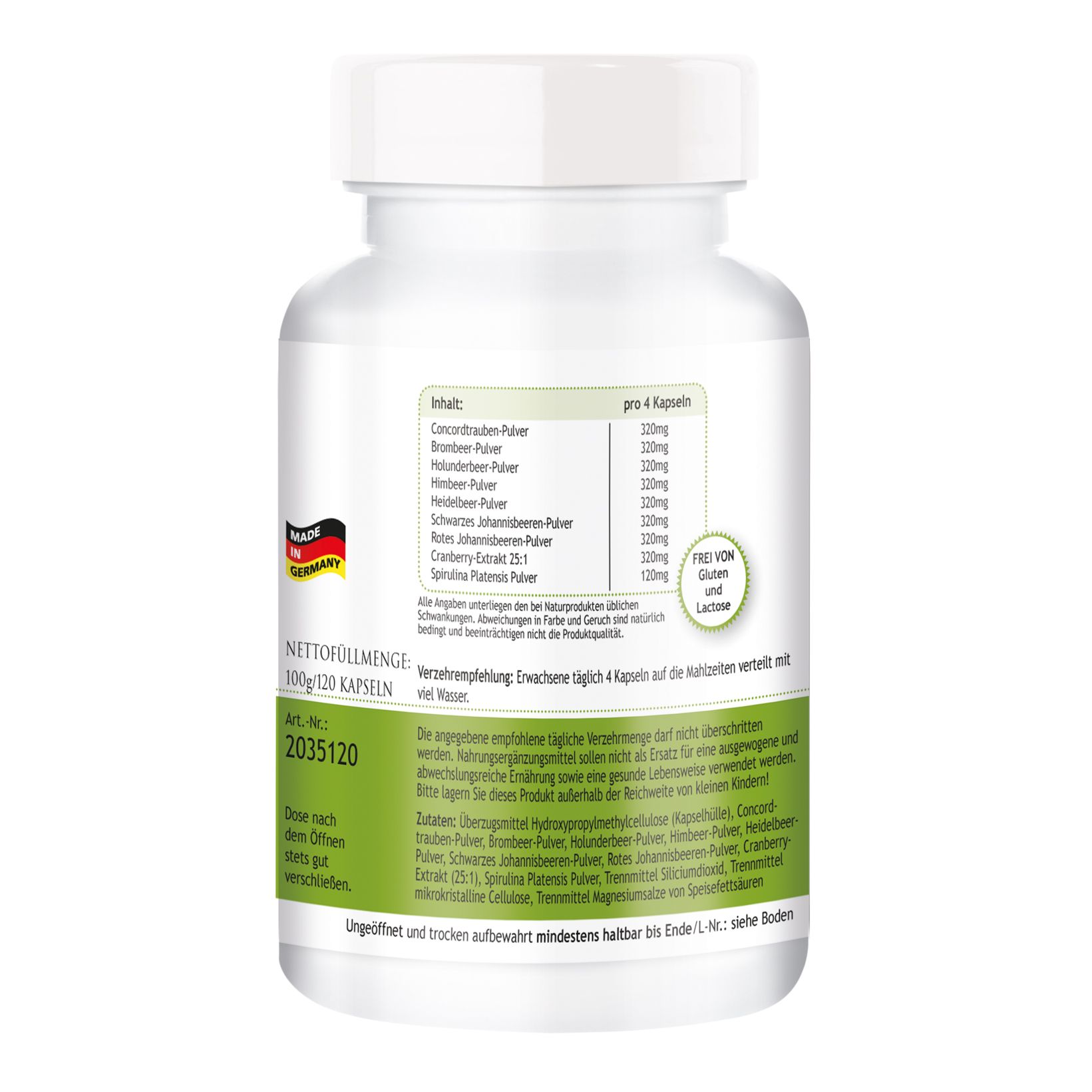 Dos d'un flacon blanc. Étiquette avec liste des ingrédients et informations nutritionnelles. Texte : Fabriqué en Allemagne. 120 gélules. Sans gluten et lactose.