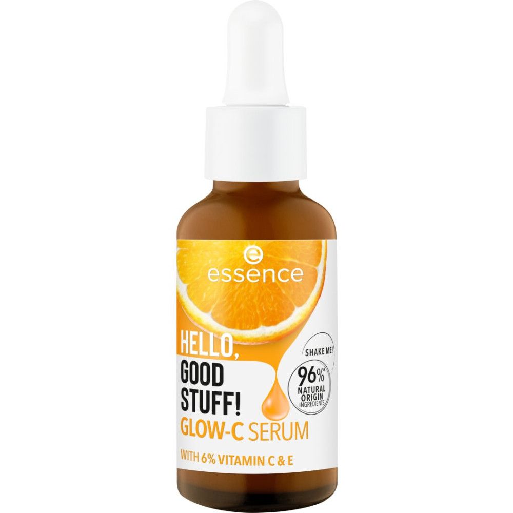 Flacon en verre brun avec compte-gouttes blanc. Inscription : Essence, Glow-C Serum, Hello Good Stuff! Avec 6% Vitamine C & E.