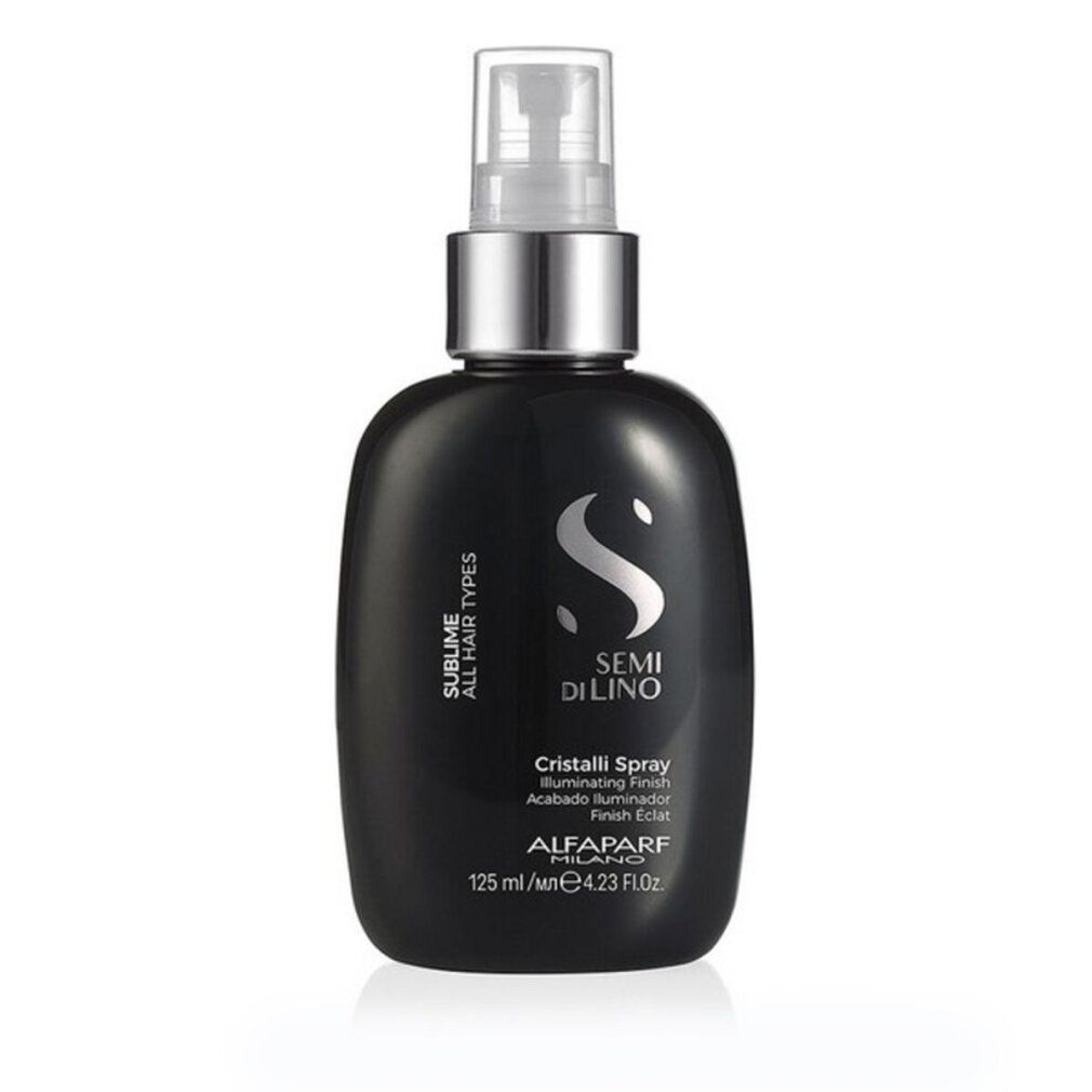 Zwarte spuitfles met zilveren dop. Bevat Semi di Lino Cristalli Spray.