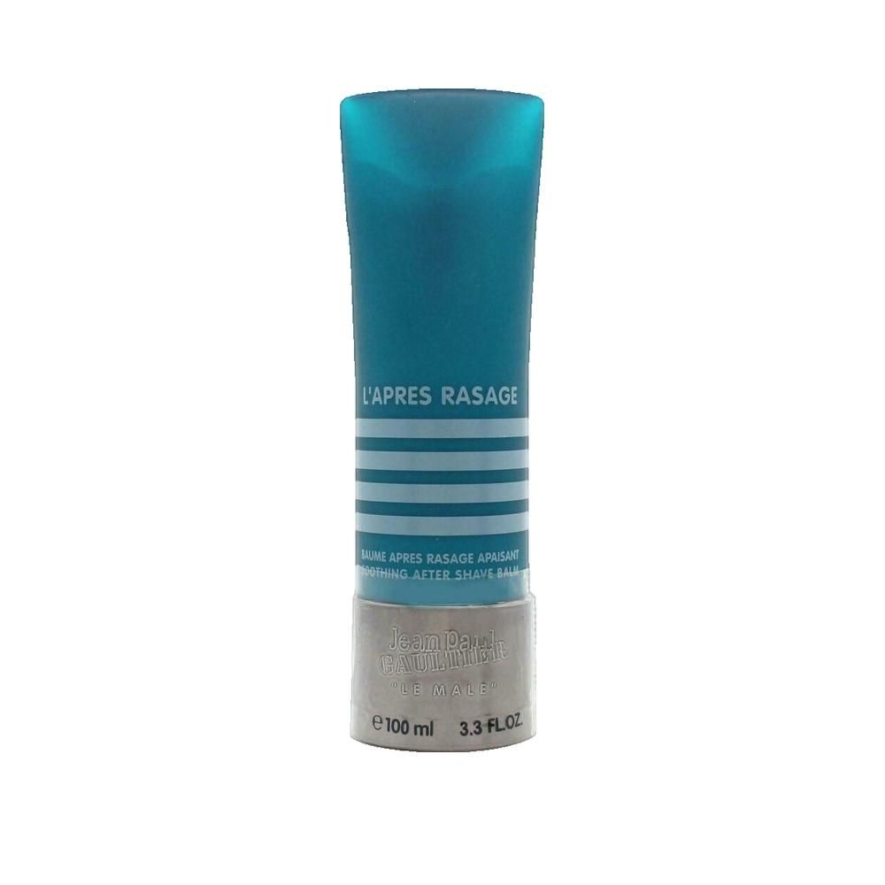 Turquoise tube met zilveren basis. Tekst: L'APRES RASAGE, After Shave Balm, 100 ml, Jean Paul Gaultier.