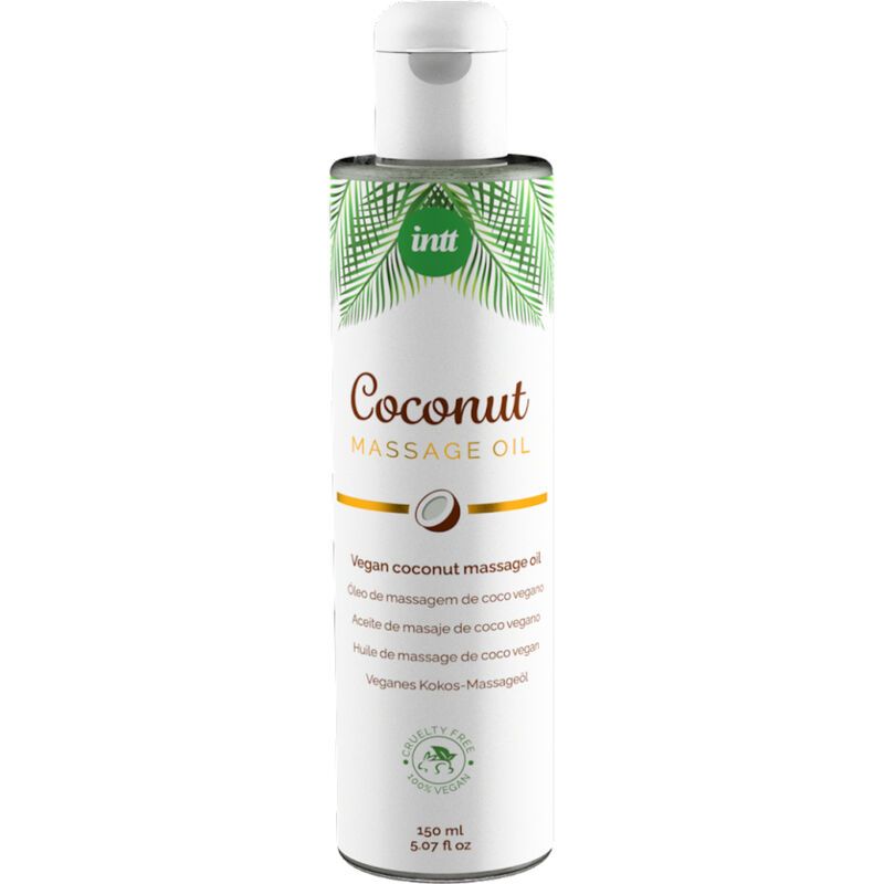 Flacon d'huile de massage INTT à la noix de coco. Étiquette blanche avec logo, nom du produit, illustration de noix de coco et texte. Sceau végétalien.