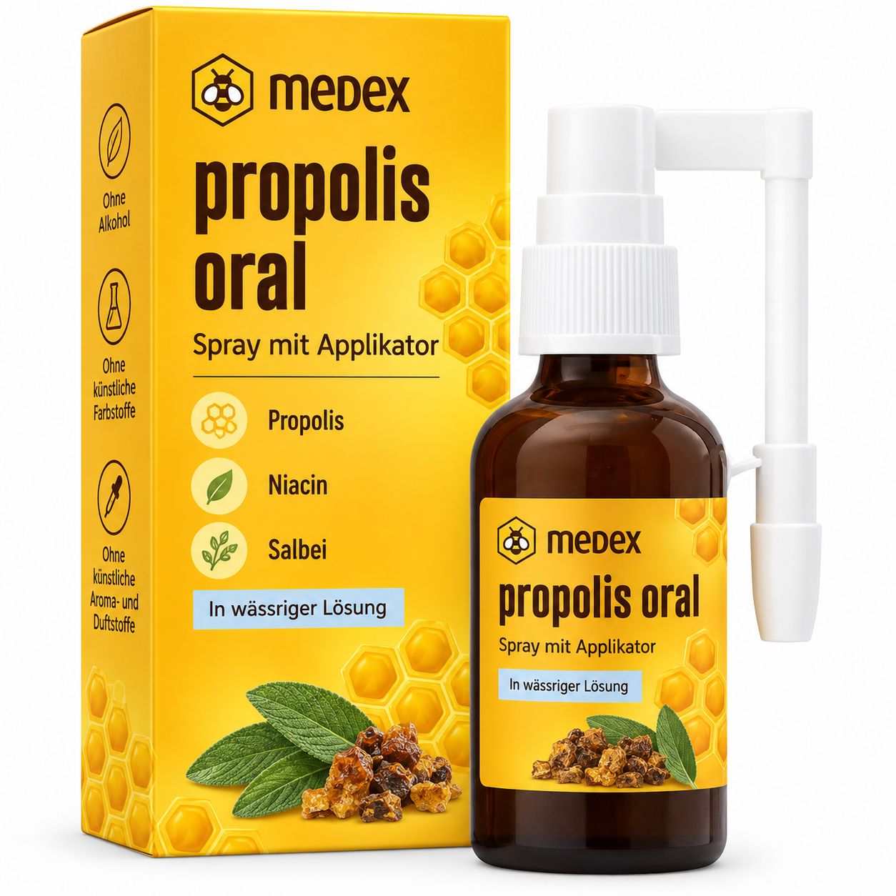 Medex Propolis Oral sprayfles en doos, op waterbasis, zonder alcohol.