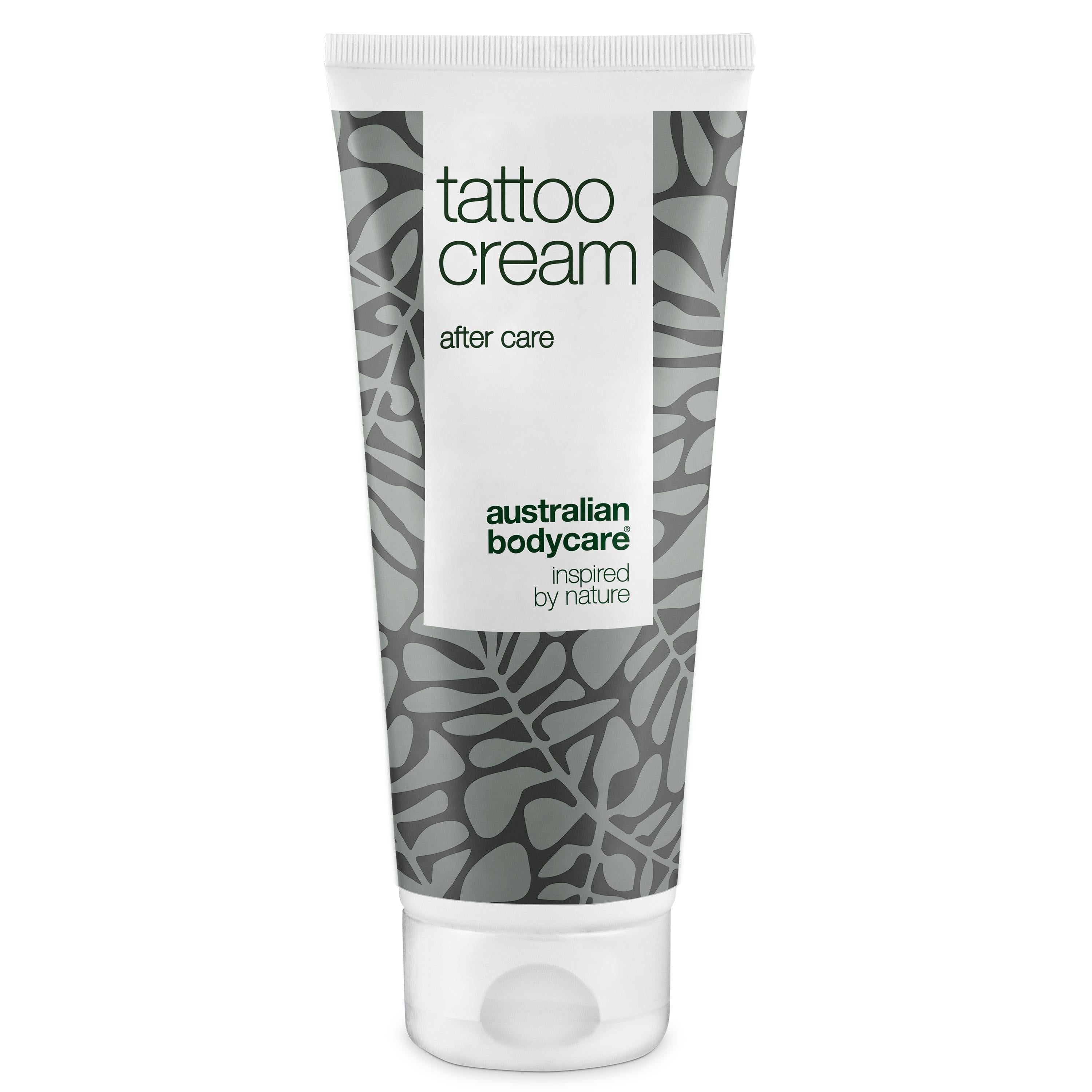 Tube Tattoo Cream. Witte dop, grijs patroon. Opschrift: Tattoo Cream, After Care, Australian Bodycare.
