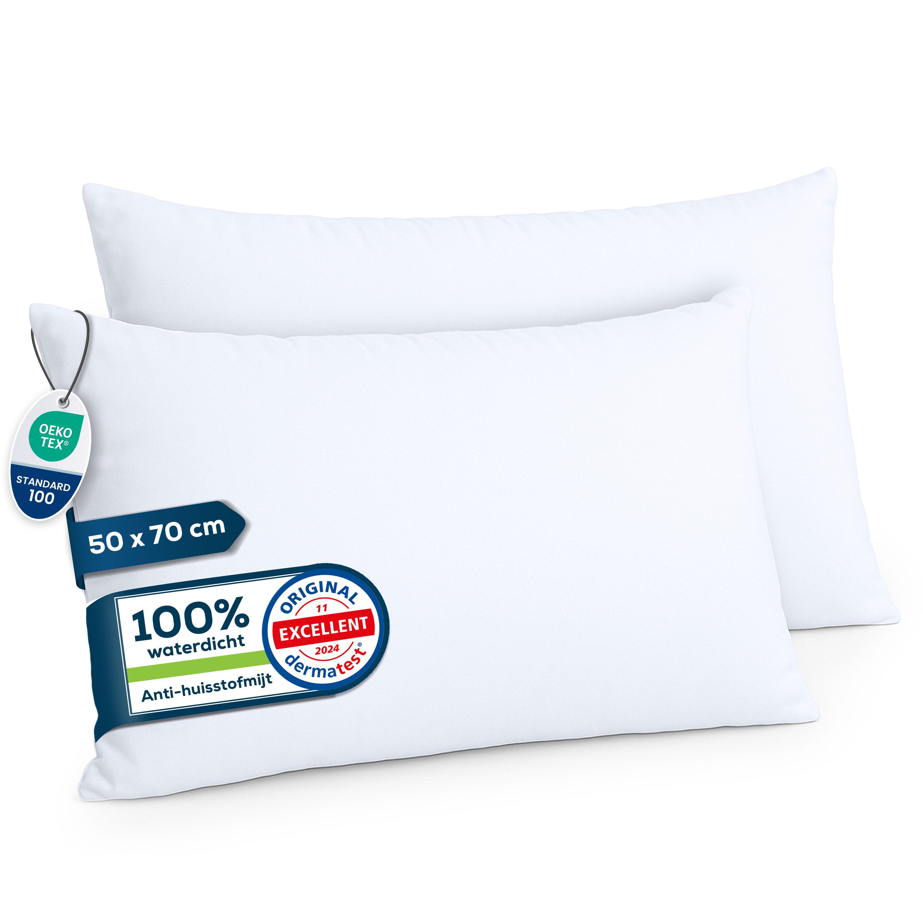 Twee witte kussens. 50 x 70 cm. Oeko-Tex Standard 100. 100% waterdicht. Anti-huisstofmijt.